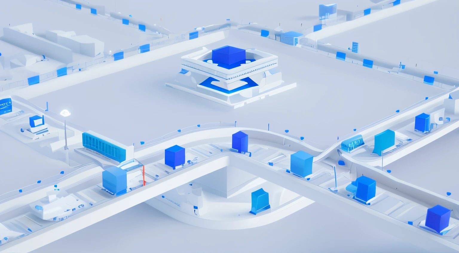 In a city with many buildings,3D image of product packaging moving on a conveyor belt, Depicted as a 3D rendering, Incredibly complex 3D rendering, Complex 3 D rendering, Complex 3 D rendering, Cloning facilities of the future, complex 3d scene, computer generated, rendered in cinema4d, 4D cinema rendering, futuristic production facility, Cycle4d rendering