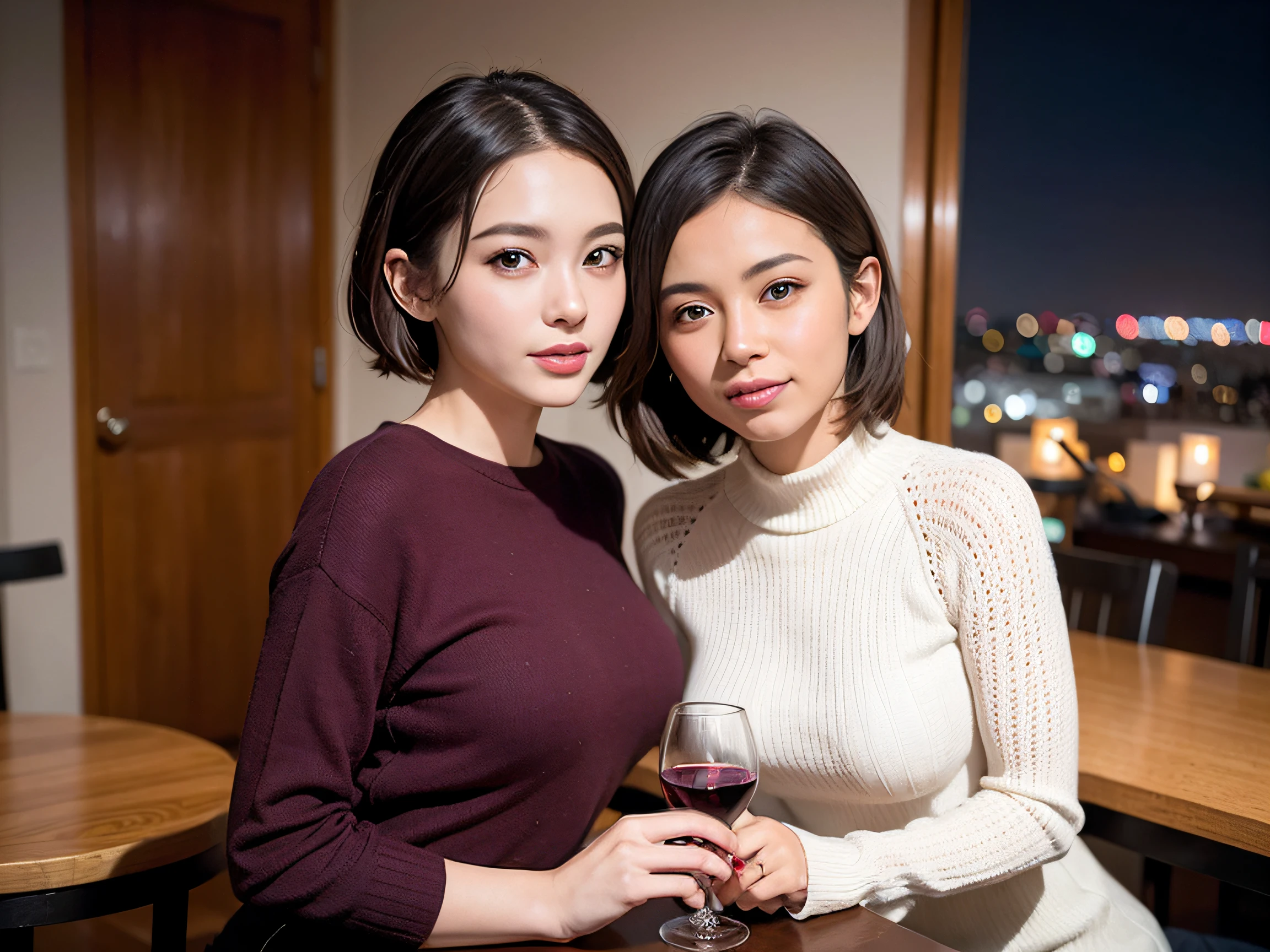 (64k uhd、nffsw、top-quality、​masterpiece:1.2)、(realisitic、Photorealsitic:1.37)、ultra-detailliert、wine glasses、enjoying a glass of wine、a matural female、Two beautiful women、(Slim Faces)、(Slim body)、（brawn hair）、(short-cut)、smiling french woman、happy italian girl、British woman、Americana、blush a little on the cheeks、(46 years old)、48yo、red wine、Beautiful detailed urban night view outside the window、resturant、Wine glasses in a prominent place、natta、(from waist up)、sitting on、date、(A smile:1.15)、Beautiful fine eyes、bustup、Cashmere sweater、long-sleeved dresses、japanes、(short-hair:1.2)、Float NovaFrogStyle、女優、modeled、from waist up、white wine、Slimed、wine glasses、Super beautiful night view、Put the wine glass in the middle、Happy smile、(8K、Raw photography、top-quality、​masterpiece:1.2)、(realisitic、Photorealsitic:1.37)、ultra-detailliert、超A high resolution、2 females、see the beholder、beautifull detailed face、A smile、Constriction、(Slim waist) :1.3)、knit shirt、Beautiful detailed skin、Skin Texture、floated hair、profetional lighting、middlebreasts、eyes gentle