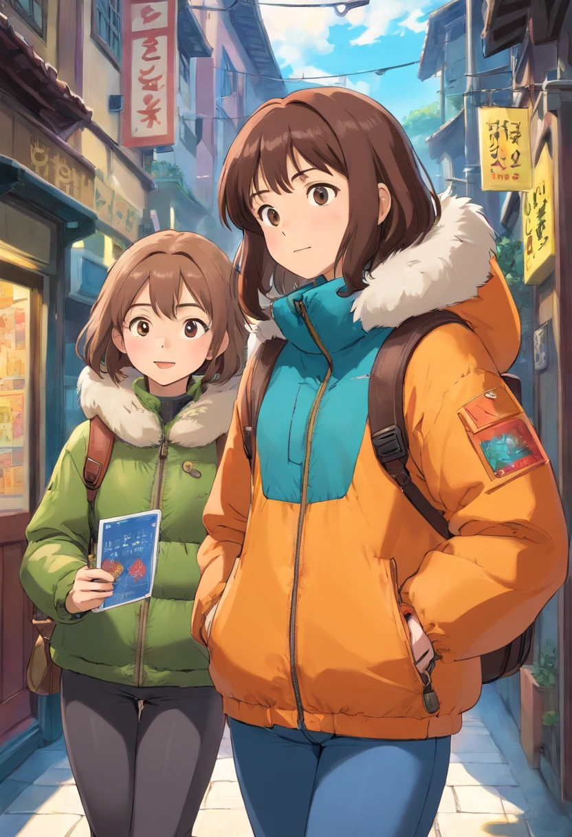 A girl is wearing a down jacket with her hands in her pockets. Another girl is wearing a down jacket and is holding a card all over her body.