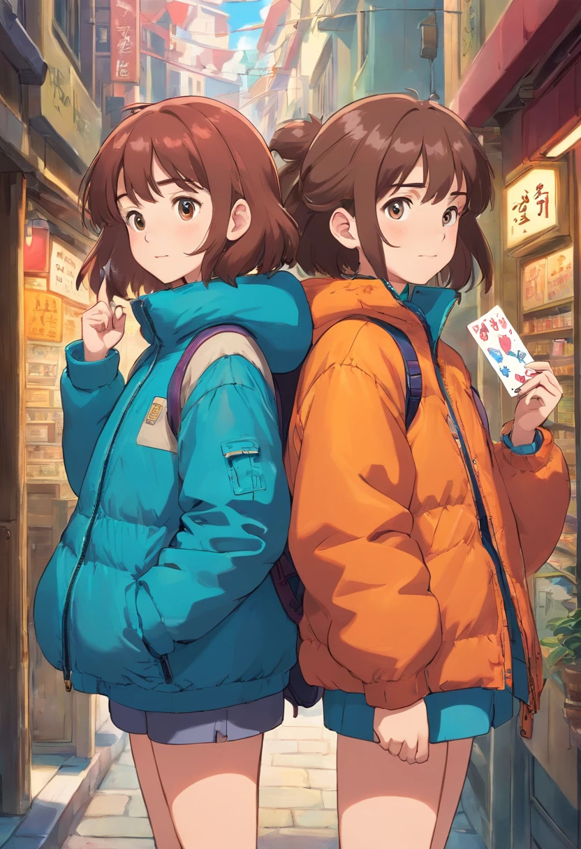 A girl is wearing a down jacket with her hands in her pockets. Another girl is wearing a down jacket and is holding a card all over her body.