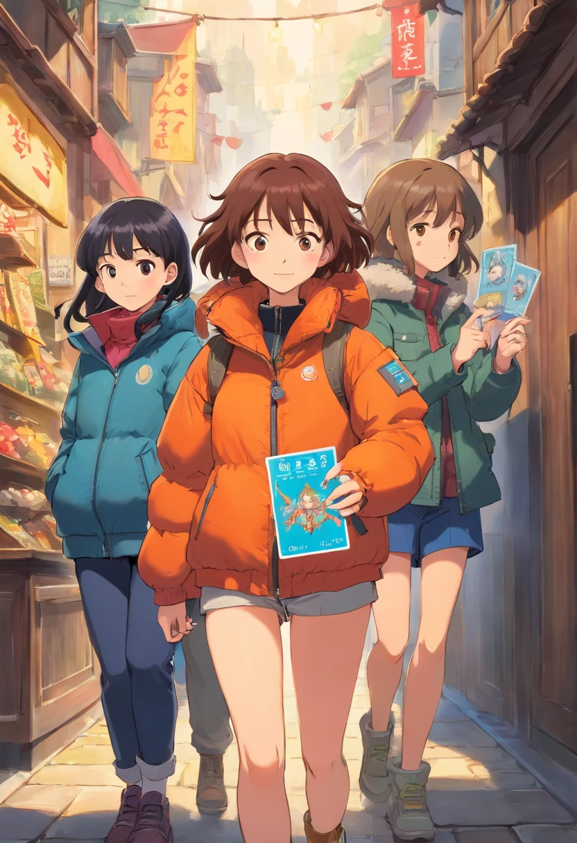 A girl is wearing a down jacket with her hands in her pockets. Another girl is wearing a down jacket and is holding a card all over her body.