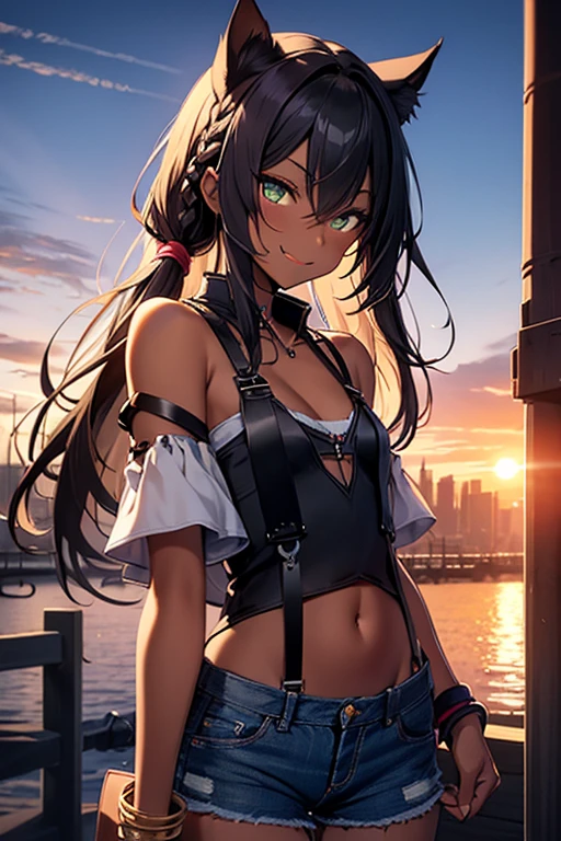 nsfw、masterpiece、best quality、super detailed dark skin、1catgirl、mature catgirl、jadegreen eyes、dark skin、cat ears、horse tail、hair/(braided side pigtails)、flipped hair、midnight black hair、cleavage、top/(small top)、pants/(small tight torn denim hotpants)、background/(sunset city-harbor)、evil smile、mischievous face expression、sticking tongue out