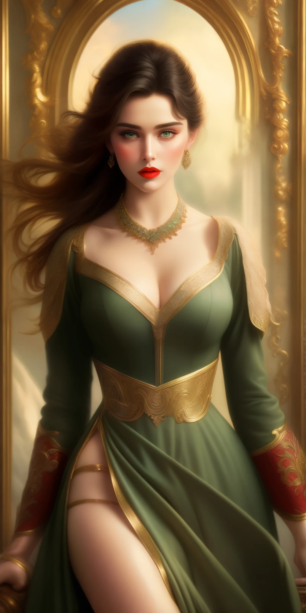Highest Image Quality, High Resolution 8k,Painting of a Woman, Beautiful Woman,green eyes, black hair, perfect body, normal breast, red lips, Riding a Horse in a Dress, Wlop Painting Style, Beautiful Character Painting, Beautiful Painting, Very Well Detailed Painting,Graphic Artist Magali Villeneuve, by Yang J, Wlop Art, Art by Edouard Bisson, Beautiful Fantasy Painting, Art by Wlop and Greg Rutxowski,  stylish digital painting, oil painting style, beautiful digital painting, very well detailed