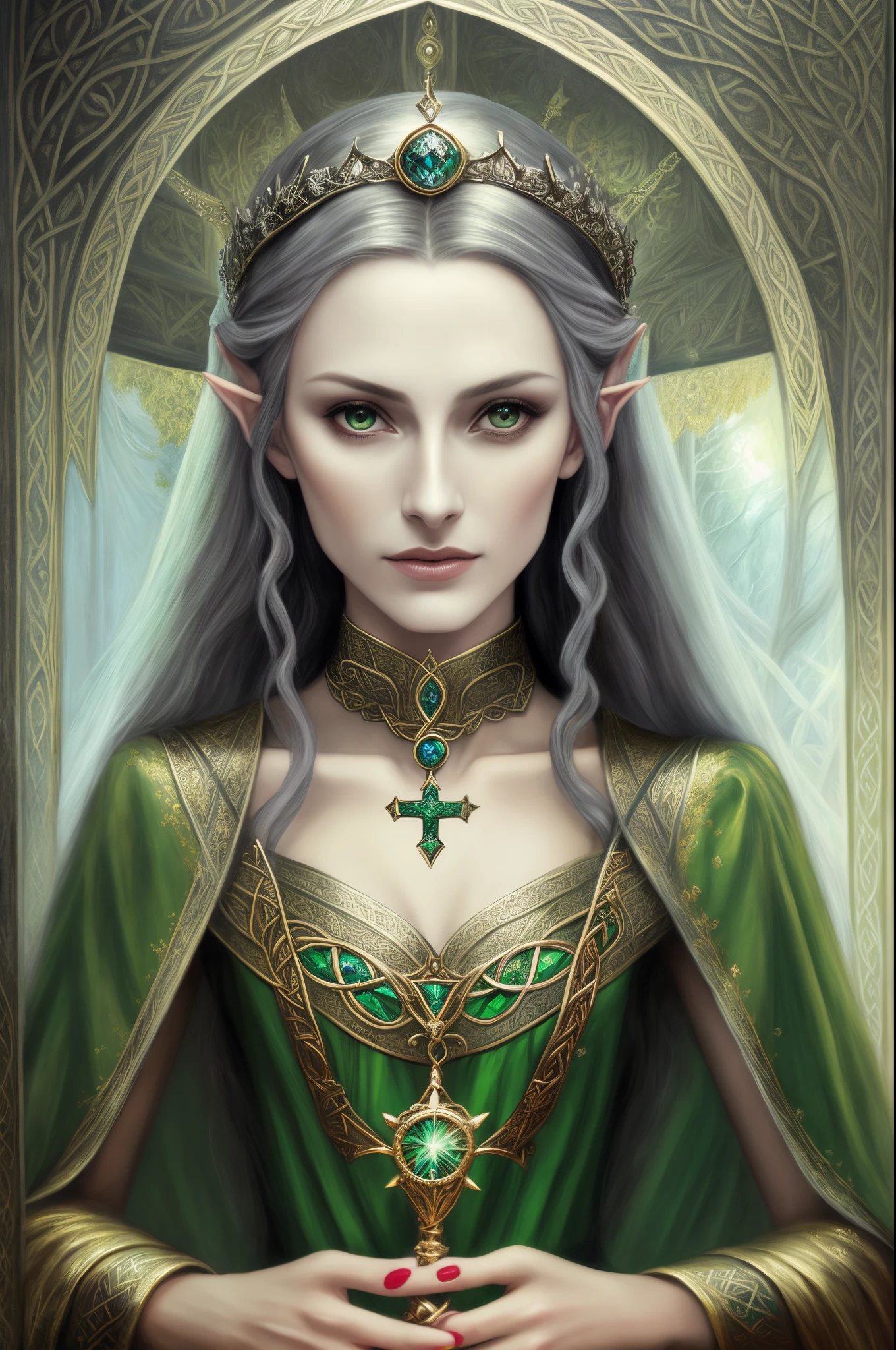 a painting of a woman with a crown and a cross, masterpiece! portrait of arwen, celtic fantasy art, fantasy portrait art, portrait of an elf queen, beautiful fantasy art portrait, fantasy art portrait, elfic priestess, beautiful maiden, a stunning portrait of a goddess, goddess portrait, portrait of celtic goddess diana, fantasy genre portrait, princess portrait
