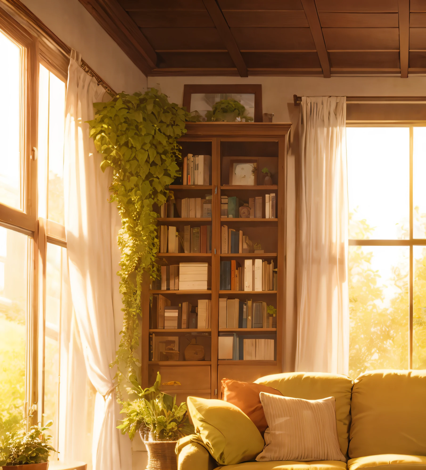 cozy living room,janelas,sofe,book case,Tea table,greenery,carpets,rays of sunshine