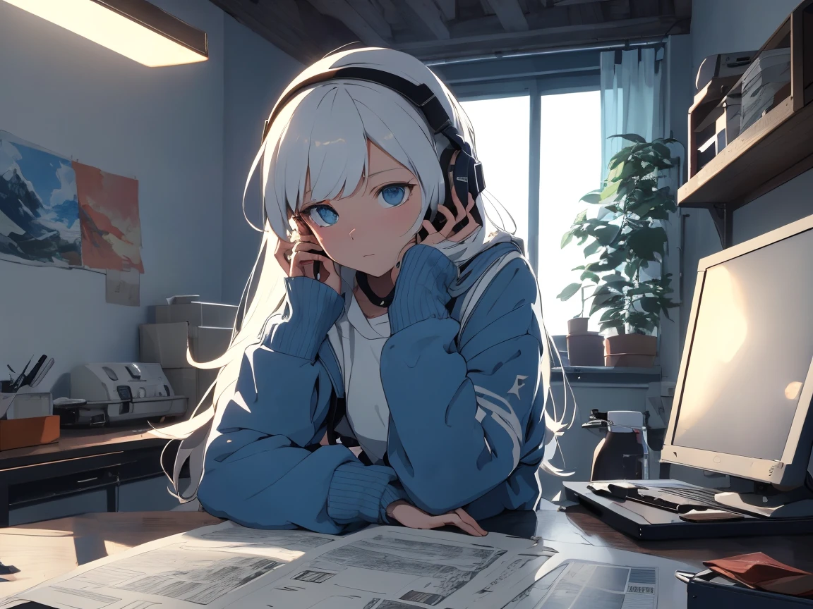 (zero), Girl studying at the table in her room, Read the book, Using a headset, 1987 interior materials, NIGHT LIGHT, It's raining outside,Analog color theme, Lo-Fi Hip Hop , Retro, blueprint, 2D , Simple drawing, Simplifying Line Art, ink drawing, Large ink line, watercolour, colored gouache, Studio Ghibli Style, Amazing color, Auturn, cynthwave, Zero art,Стиль 90-х,old texture, amplitude,атмосфера 90-х,