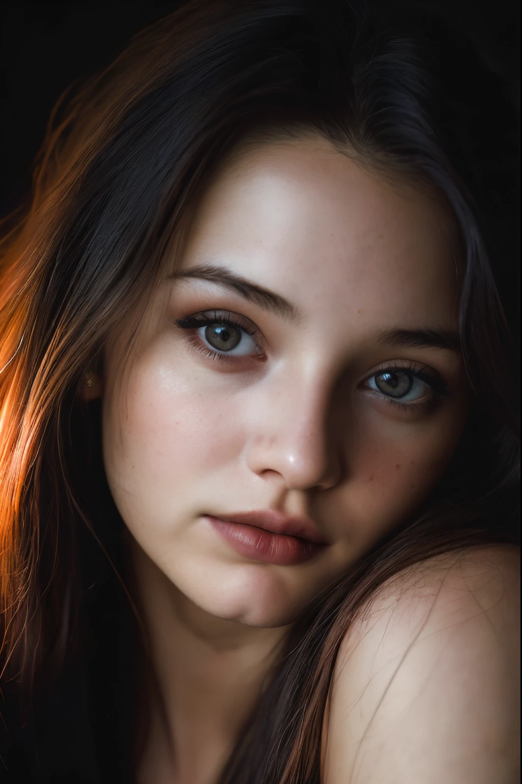 (close-up, editorial photograph of a 21 year old woman), (highly detailed face:1.4) (smile:0.7) (background inside dark, moody, private study:1.3) POV, by lee jeffries, nikon d850, film stock photograph ,4 kodak portra 400 ,camera f1.6 lens ,rich colors ,hyper realistic ,lifelike texture, dramatic lighting , cinestill 800,