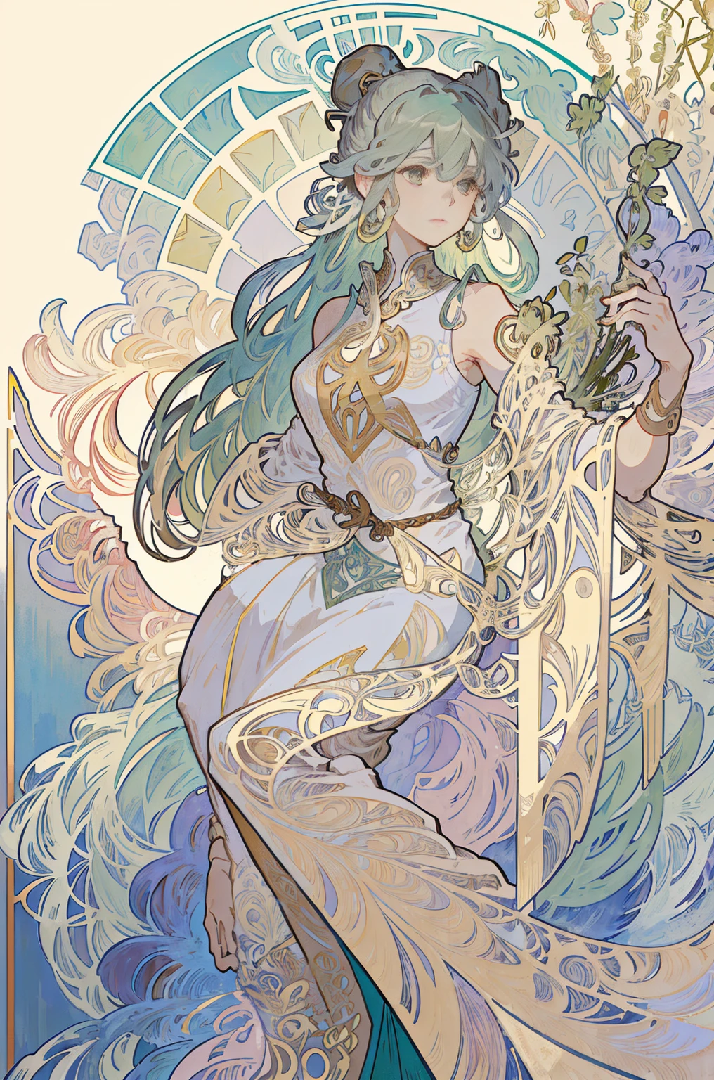 (Alphonse Mucha: 1.4), Facial portrait of a European beauty, Dance, Long hair, red and green gradient hair decoration, (: 2), (Details +intricate details: 1.2), 4k, Abstract art, Body proportional, line art, side face, Color, Fibonacci, An ancient Chinese beauty, gorgeous suit, intricately embroidered, transparent colored ribbons, tied to hands, flowing, bellybutton, bare shoulders, hair in a bun with bare neck, Floral hairpin, Hand ring, tied with ribbon, A bracelet, anklet, metal chain with tassel at waist, Can rock art, dunhuang, inspiration for painting the flying sky, 墨水, cgstation popular --v 6
