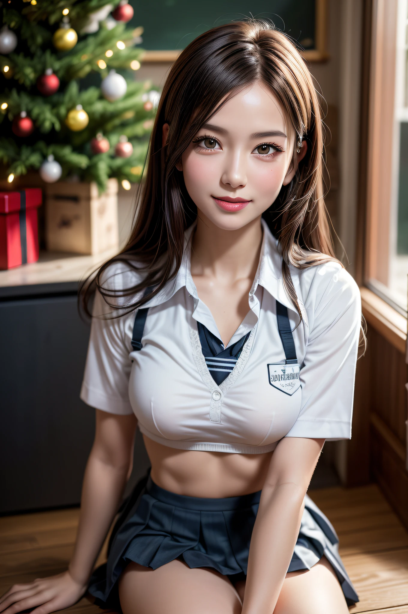 1girl in, Extremely cute face, Amazing face and eyes, (Highly detailed eyes, Highly detailed face), (Hyper-realistic, hight resolution), (Best Quality:1.4), Raw photo, (Realistic, Photorealsitic:1.37), Professional Photography, Cinematic Light, (lace bra:1.25), (Amazing breasts:0.8), (School uniform, Pleated mini-skirt:1.5), (Uniform with open chest), Smile slightly, Sitting, Spread your legs wide, Staring at me, plein air, city, Christmas tree, Christmas Lights, Christmas Ornaments,
