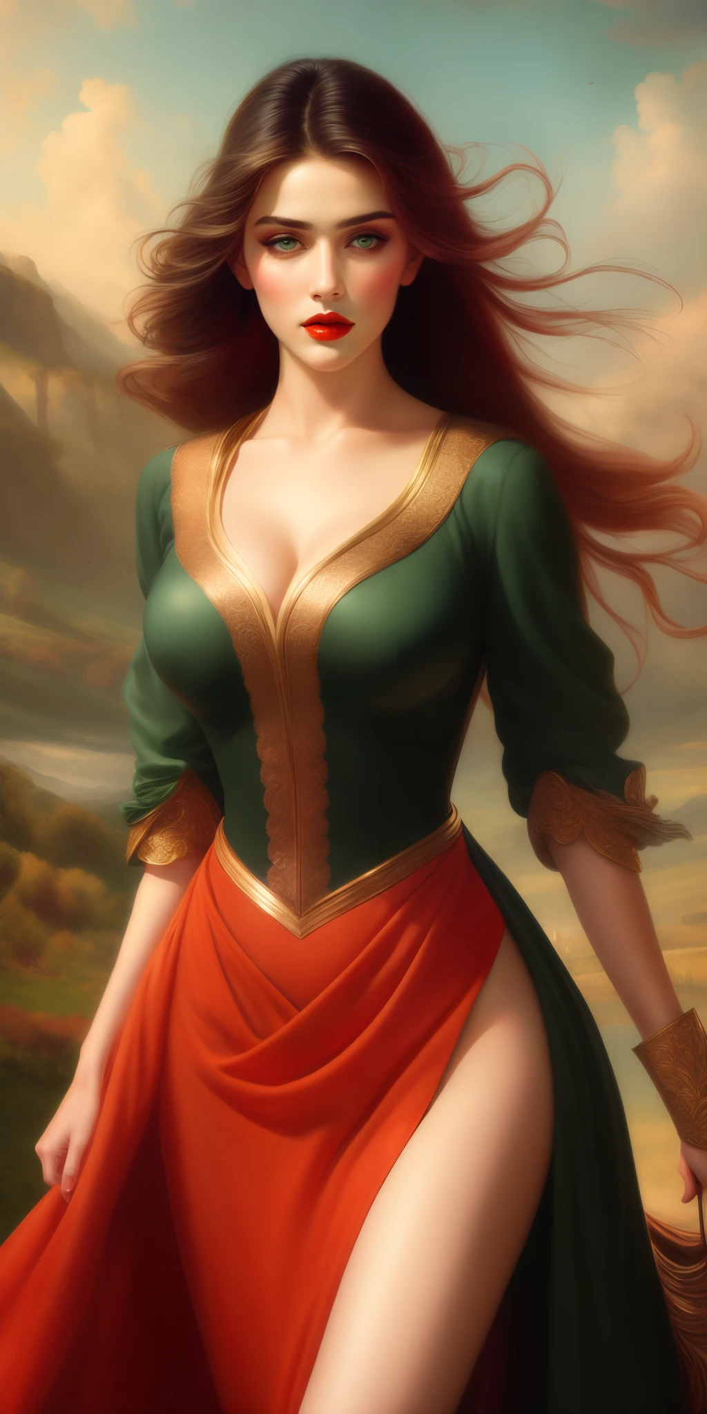Highest Image Quality, High Resolution 8k,Painting of a Woman, Beautiful Woman,green eyes, black hair, perfect body, normal breast, red lips, Riding a Horse in a Dress, Wlop Painting Style, Beautiful Character Painting, Beautiful Painting, Very Well Detailed Painting,Graphic Artist Magali Villeneuve, by Yang J, Wlop Art, Art by Edouard Bisson, Beautiful Fantasy Painting, Art by Wlop and Greg Rutxowski, stylish digital painting, oil painting style, beautiful digital painting, very well detailed