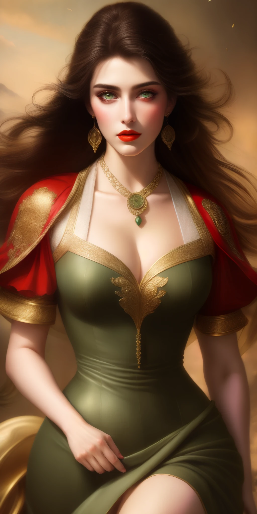 Highest Image Quality, High Resolution 8k,Painting of a Woman, Beautiful Woman,green eyes, black hair, perfect body, normal breast, red lips, Riding a Horse in a Dress, Wlop Painting Style, Beautiful Character Painting, Beautiful Painting, Very Well Detailed Painting,Graphic Artist Magali Villeneuve, by Yang J, Wlop Art, Art by Edouard Bisson, Beautiful Fantasy Painting, Art by Wlop and Greg Rutxowski, stylish digital painting, oil painting style, beautiful digital painting, very well detailed