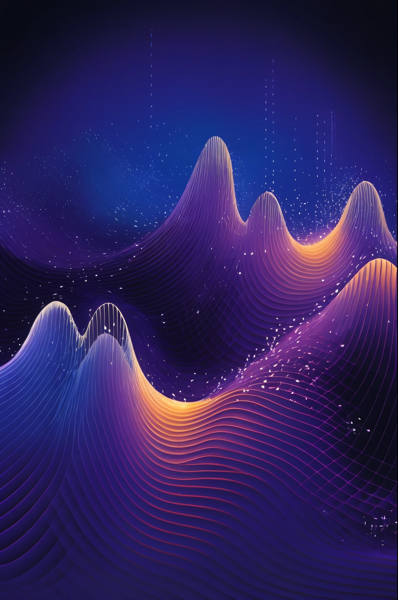 Close-up of a wave of lines on a dark background, abstract art representing data, waves and particles, particle waves, lightwave, quantum waves, ripples of reality, infinite quantum waves, magnetic waves, a digital dreamscape, energy waves, corrugated electromagnetic waves, DMT wave, vibration, energy waves, Infinite psychedelic waves