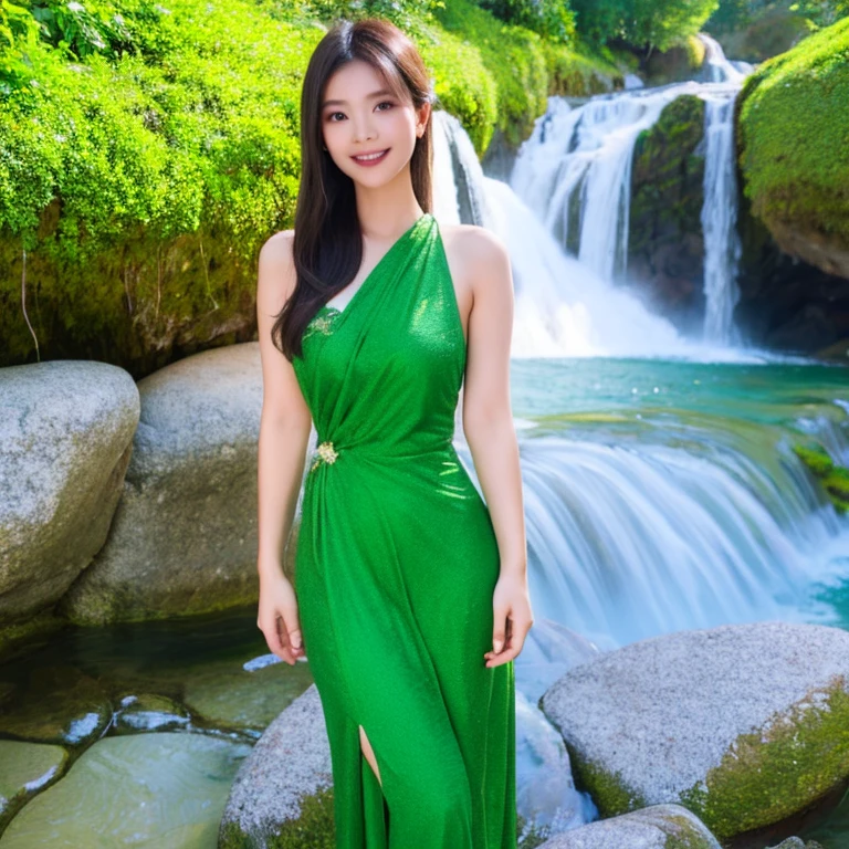 A beautiful girl wearing a green Thai dress stands next to a waterfall.