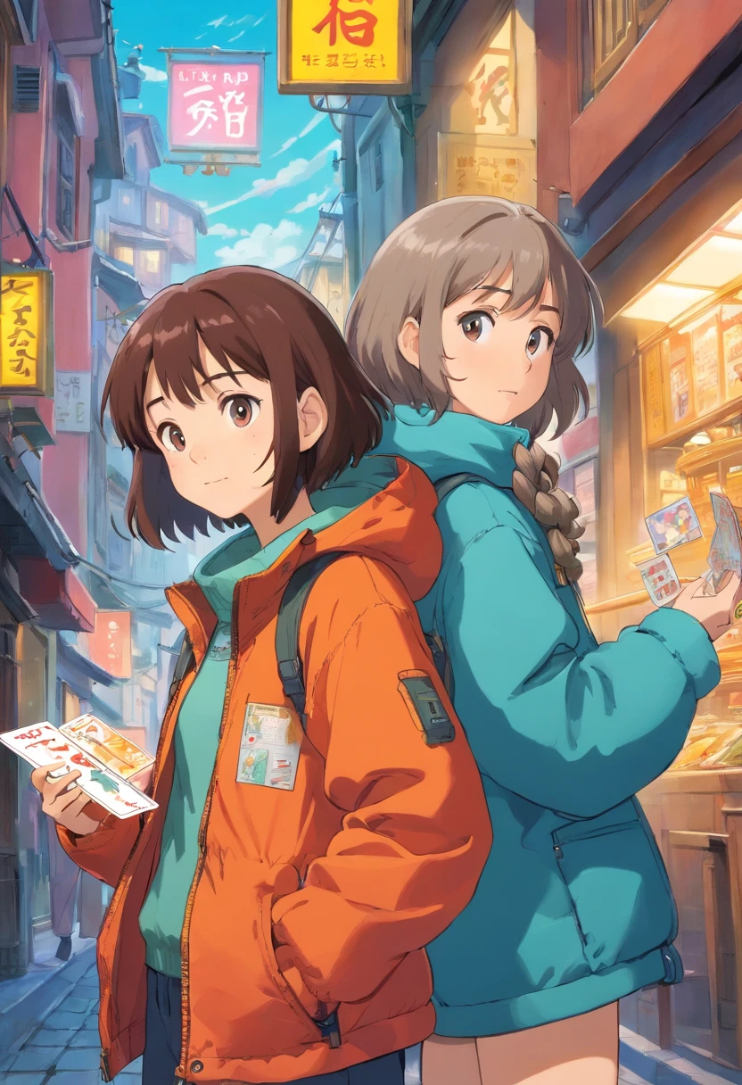 A girl is wearing a down jacket with her hands in her pockets. Another girl is wearing a down jacket and is holding a card all over her body.