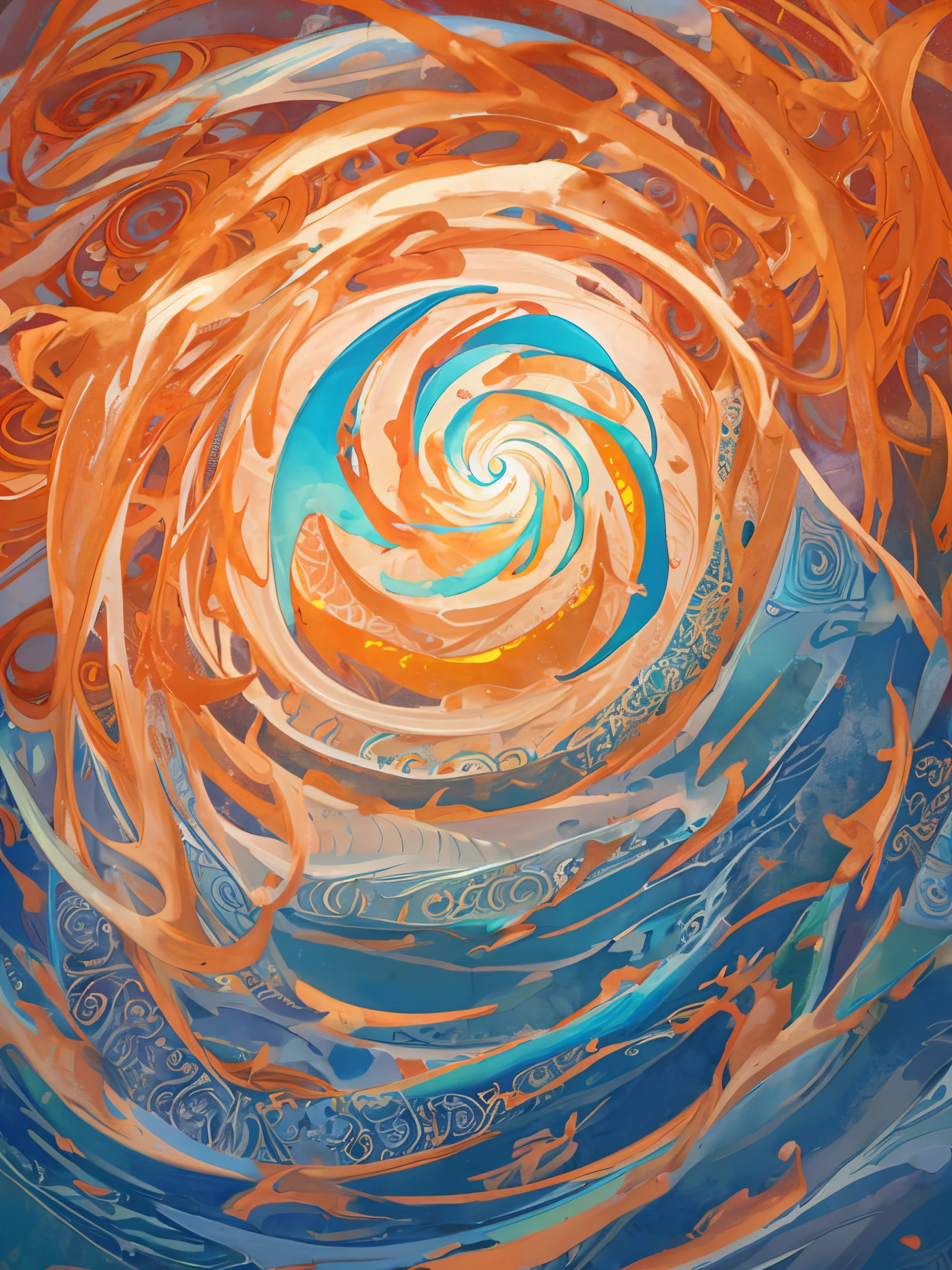 Flame painted linoleum cutting, spiral swirl pattern style, Colorful Möbius strip, Fantasy style otherworldly illusion, churning glacier, wave, Realistic blue sky, spirals, Himalayan art, arctic art, A joyous celebration of nature,Colorful, textured, Patterned, fine art print, --with 3:4 --c 12 --s 185,Flame Art,火焰,fire and ice,turbulent flames