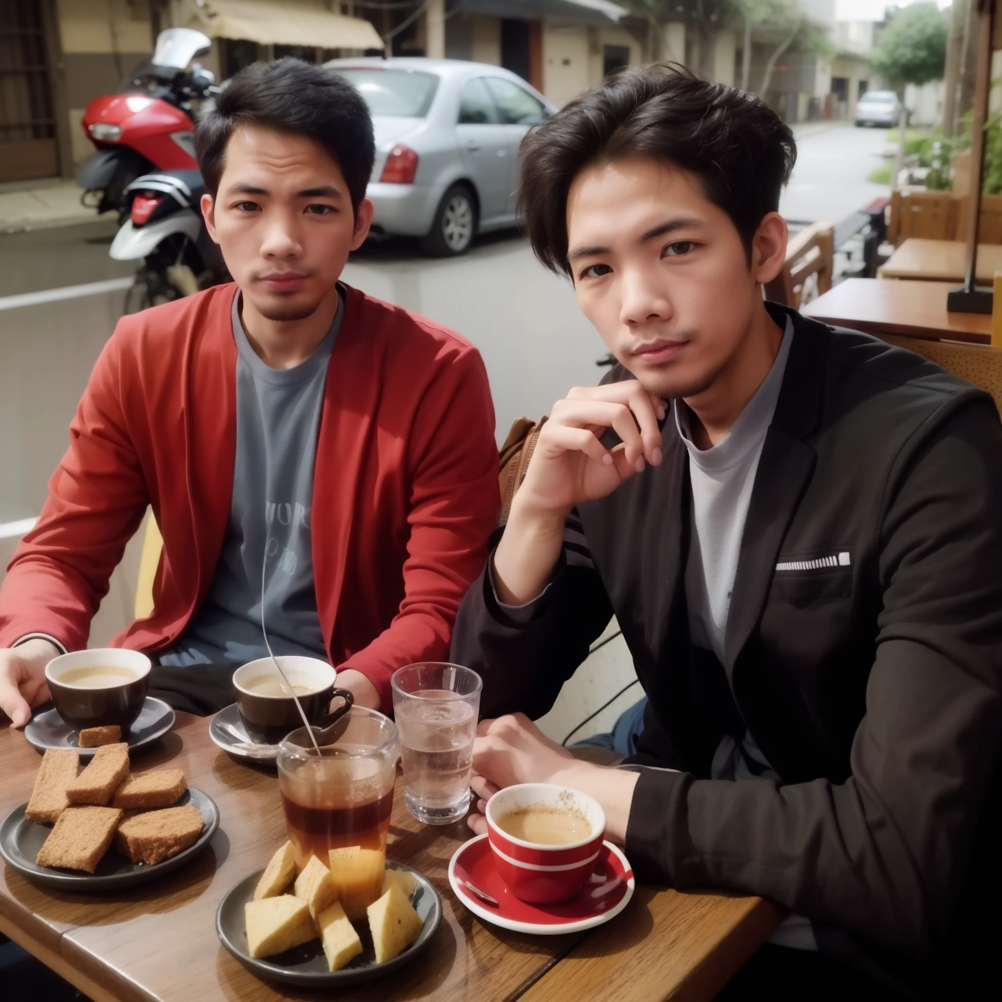 Men, Sanx, 25 old years, short hair, wearing t-shirt, glare expression, little smile, looking at viewer
