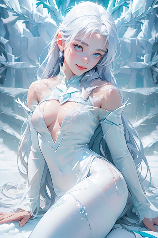 ((top-quality, masutepiece, Top image quality, 8K)), ((1girl in, perfectly proportions, Beautiful body, Detailed skin, Detailed eyes, Realistic middle chest:1.5)), ((perfectly proportions, Beautiful body, showing your whole body:1.5)), (Best Ratio: 4 fingers, 1 thumb), Trees in the snowfield shining in the morning glow々々々々And ice, Smiling young woman in white fur long coat, ((Everything is sparkling、reflecting light:1.2)), ((White Frozen Forest:1.8)),