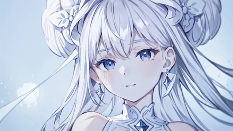 ​masterpiece, top-quality, illustratio,Snow、Platinum Earrings, Platinum Necklace, white dres, 1girl in, cute little, illuminating, delicated facial features, A detailed eye,  Many Small Gems、kirakira、A lot of rabbits、Pure white、monochromes、White background