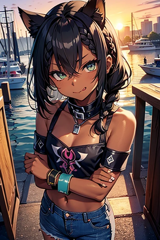 nsfw、masterpiece、best quality、super detailed dark skin、1catgirl、(((adult face)))、jadegreen eyes、dark skin、cat ears、horse tail、hair/(braided side pigtails)、flipped hair、midnight black hair、cleavage、arms free、shoulders free、neck free、wrists/(bracelets:1.3)、upper arms/(leather wristbands:1.3)、top/(small top:1.3)、pants/(small tight torn denim hotpants)、background/(sunset city-harbor)、evil smile、mischievous face expression、sticking tongue out