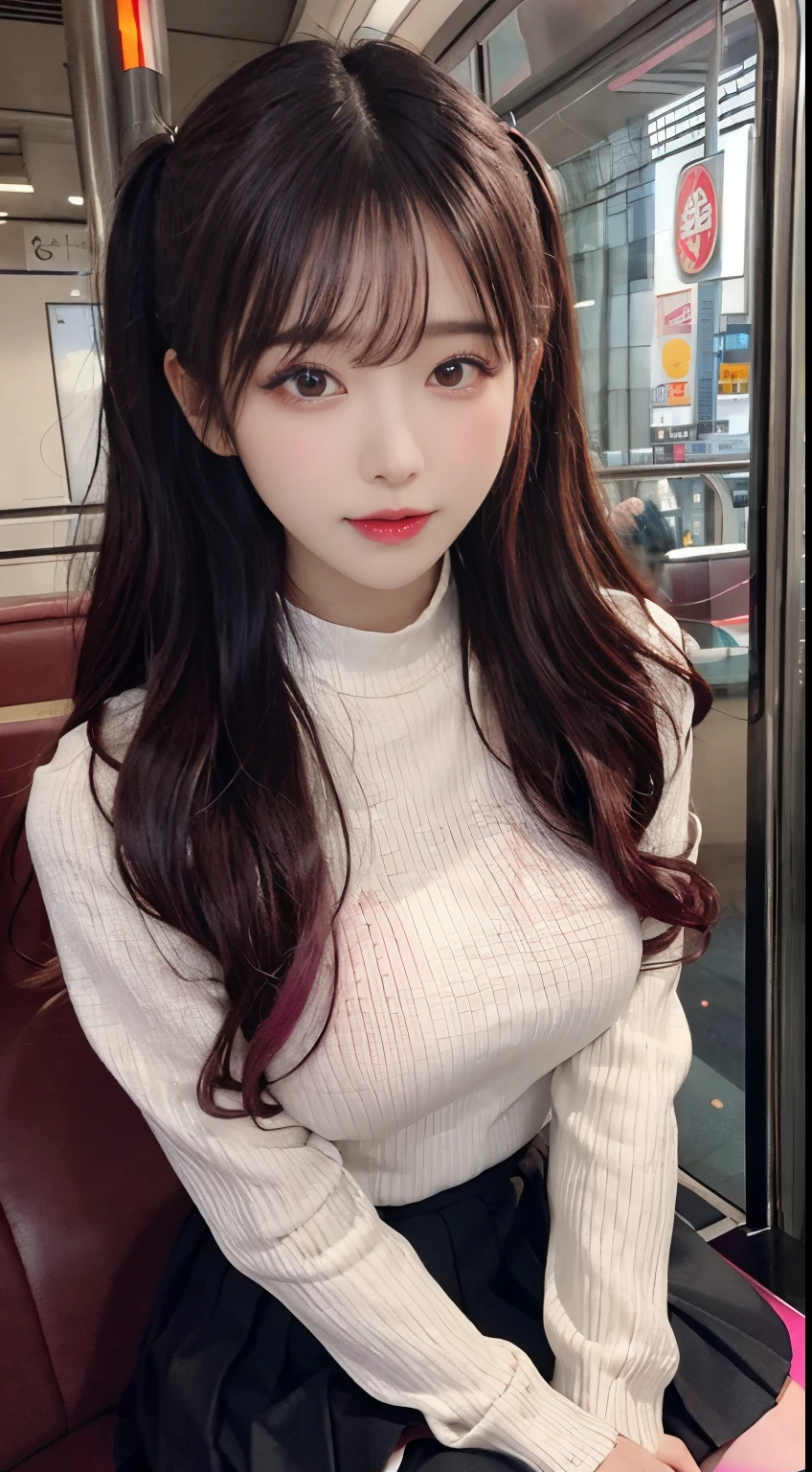 Korean Beauty，Sitting on the train，（（（tmasterpiece）））， （（best qualtiy））， （（intricate detailes））， （（Ultra-realistic realism））， Ridiculous resolution， A MILF， Mature Woman， ighly detailed， illustratio， 1girll，（（Large breasts））， perfect hand， Detailed finger， Beautiful detailed eyes， Lowered twin tails， Colored inner hair， Very long black hair, Very bright pink hair， with brown eye， Name badge， （ Korean style long sleeve dark pink ruffle lace up pleated skirt， Black knee-high socks:2.2），detailedbackground， perfect  eyes， mesmerizing eyes，Slightly open mouth, ((Ephemeral Girl:1.2))