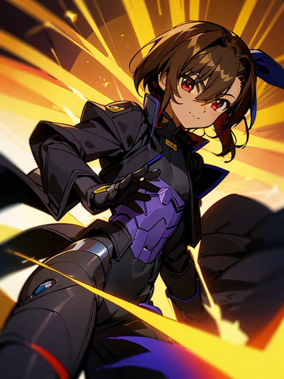 (Dark skin otokonoko), (1 boy) very long dark brown hair, red eyes, (flat chested) wearing Magical Girl Lyrical Nanoha StrikerS: Vivio Takamachi black barrier jacket,  black armoured bodysuit, black gauntlets, Cute smile