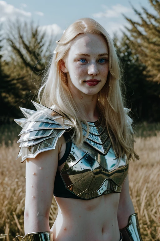 Ultra realistic photography of dbwl woman with many huge beauty marks on her natural pale white skin  ,    (medium shot:1) ,  (full body portrait:1.4), 
 (SFW),  (((wearing crystal armor) )) that is glowing and sparkles, upper arms,  ((in frame)),

 ((fighting stance)),   natural (  pale light blonde eyelashes) , blue eyes, medieval background,
 detailed Natural pale white skin  with (many huge round beauty marks) , smile, light pale blonde eyebrows,
 happy, clean cheeks,
detailed, natural light blonde,  outdoors, sunny, high resolution, photograph, RAW photo, crystal4rmor, [[sexy]]