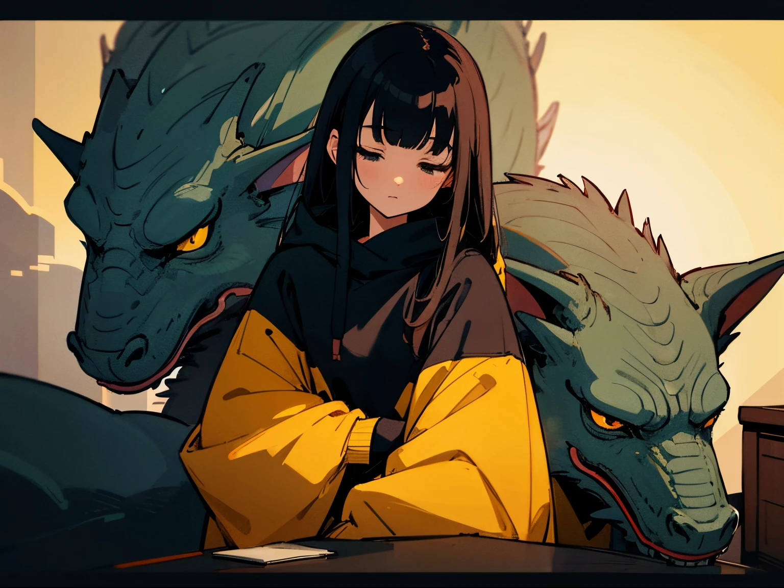 A 20-year-old black-haired woman stroking a sleepy dragon, Calm、Gentle light、black backgrounds、Coffee、head shot、Lo-Fi Illustration、While watching TV at the kotatsu、CRT TV、a relaxing sight、Woman in hoodie、looks sleepy、Yellow clothes、A big fluffy dog is sitting next to me.、Realistic dragon with cute eyes