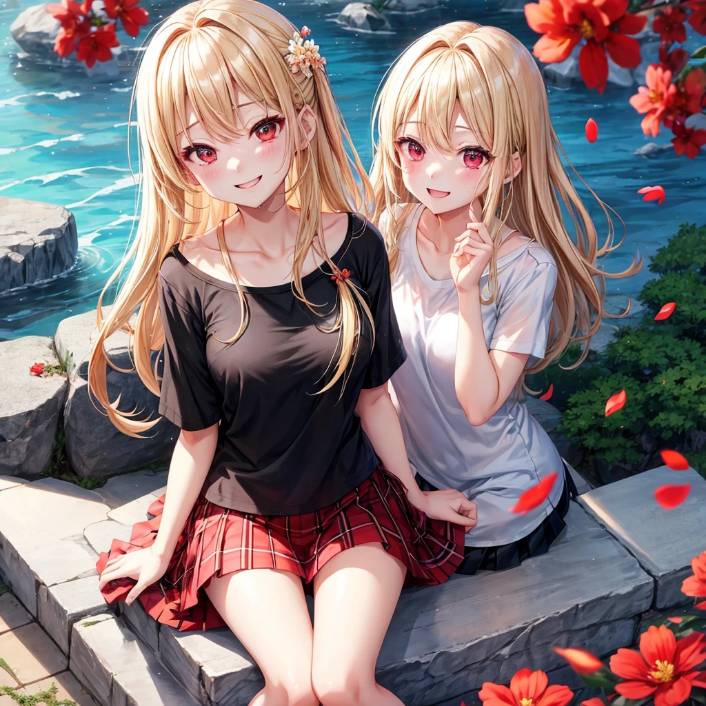 a blond、red eyes、1 pretty girl、animesque、lightly dressed、Plaid miniskirt、flower petals、bare-legged、wetting hair、Black T-shirt、sitting on、You、piece、Smiling
