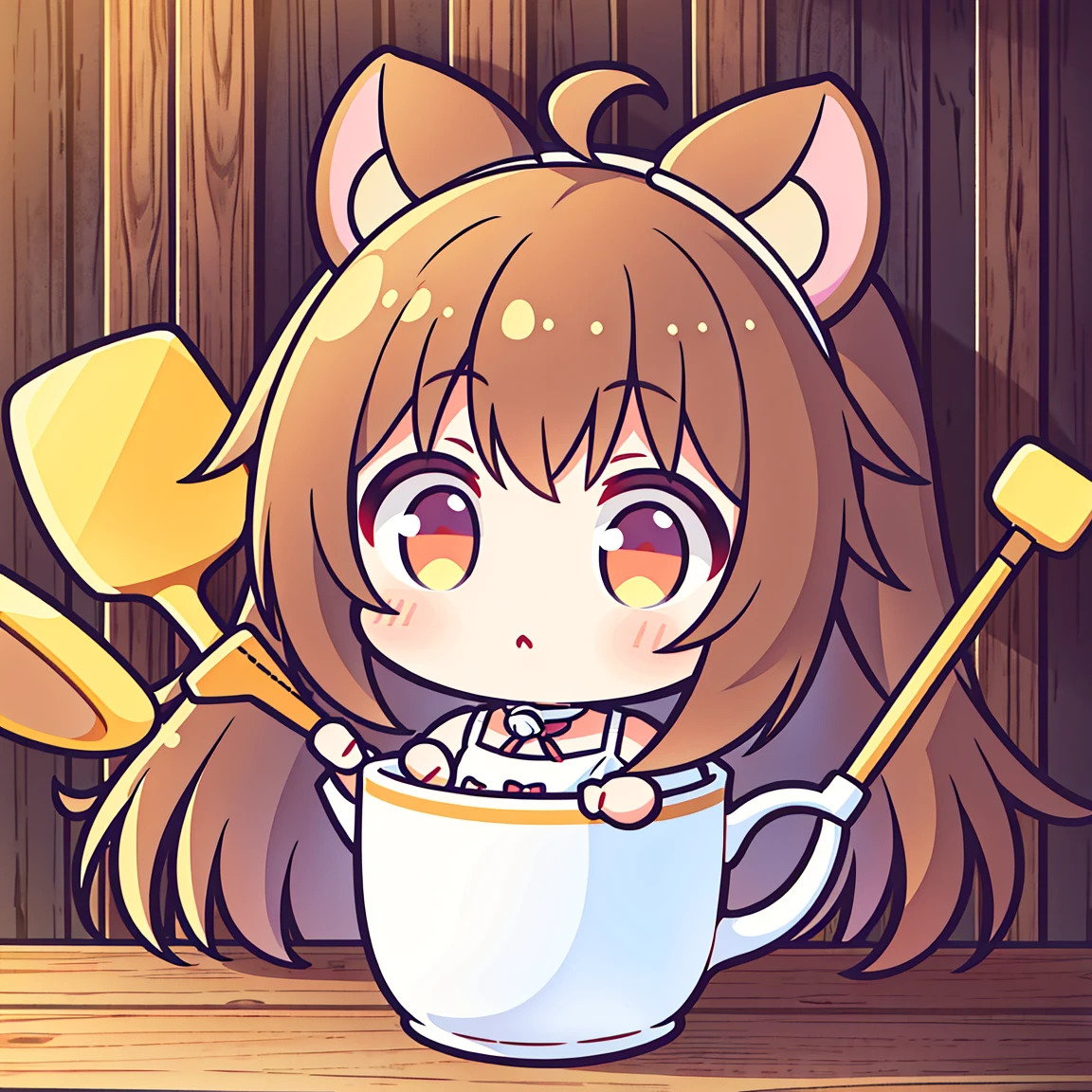 One little girl,Place two hamster ears on your head.,Hold the spatula in your left hand,Hold the spoon in your right hand,There is a pot in front