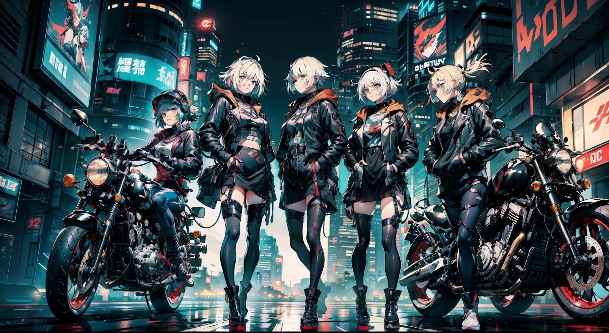cyberpunked、girl with、mechanic、comical、Anime style、white  hair、motor bikes、Rider Jacket、punk coloring、sity、nightcity、Body parts are machines、Mature Woman、group