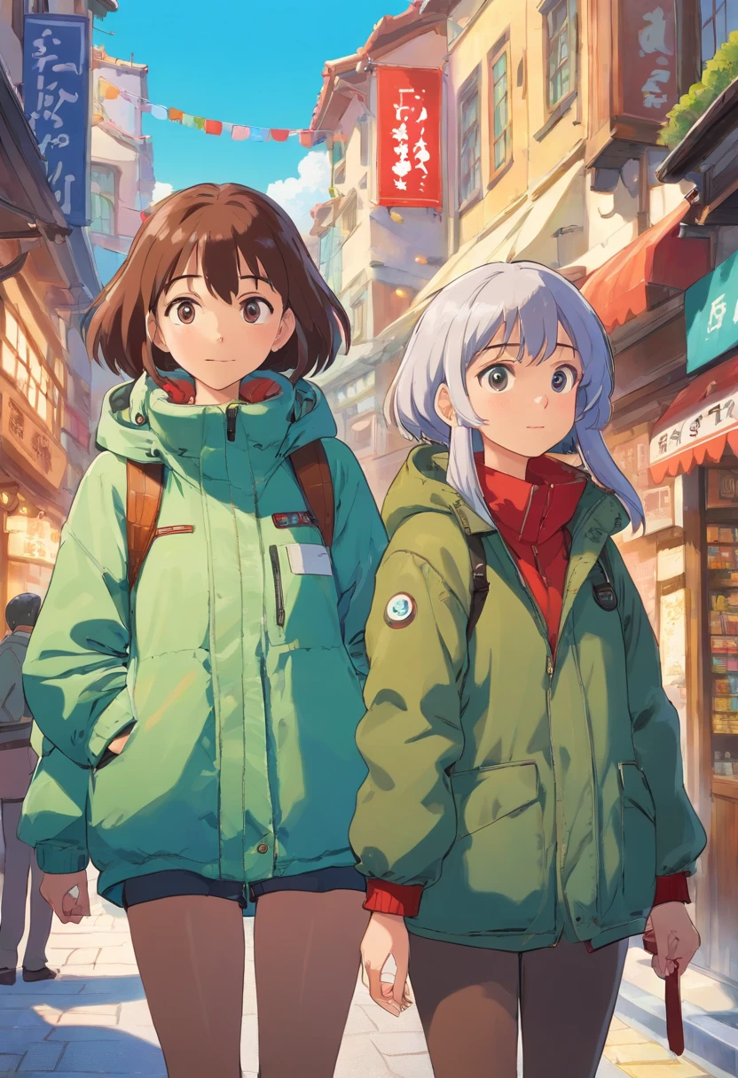 A girl is wearing a down jacket with her hands in her pockets. Another girl is wearing a down jacket and is holding a card all over her body.