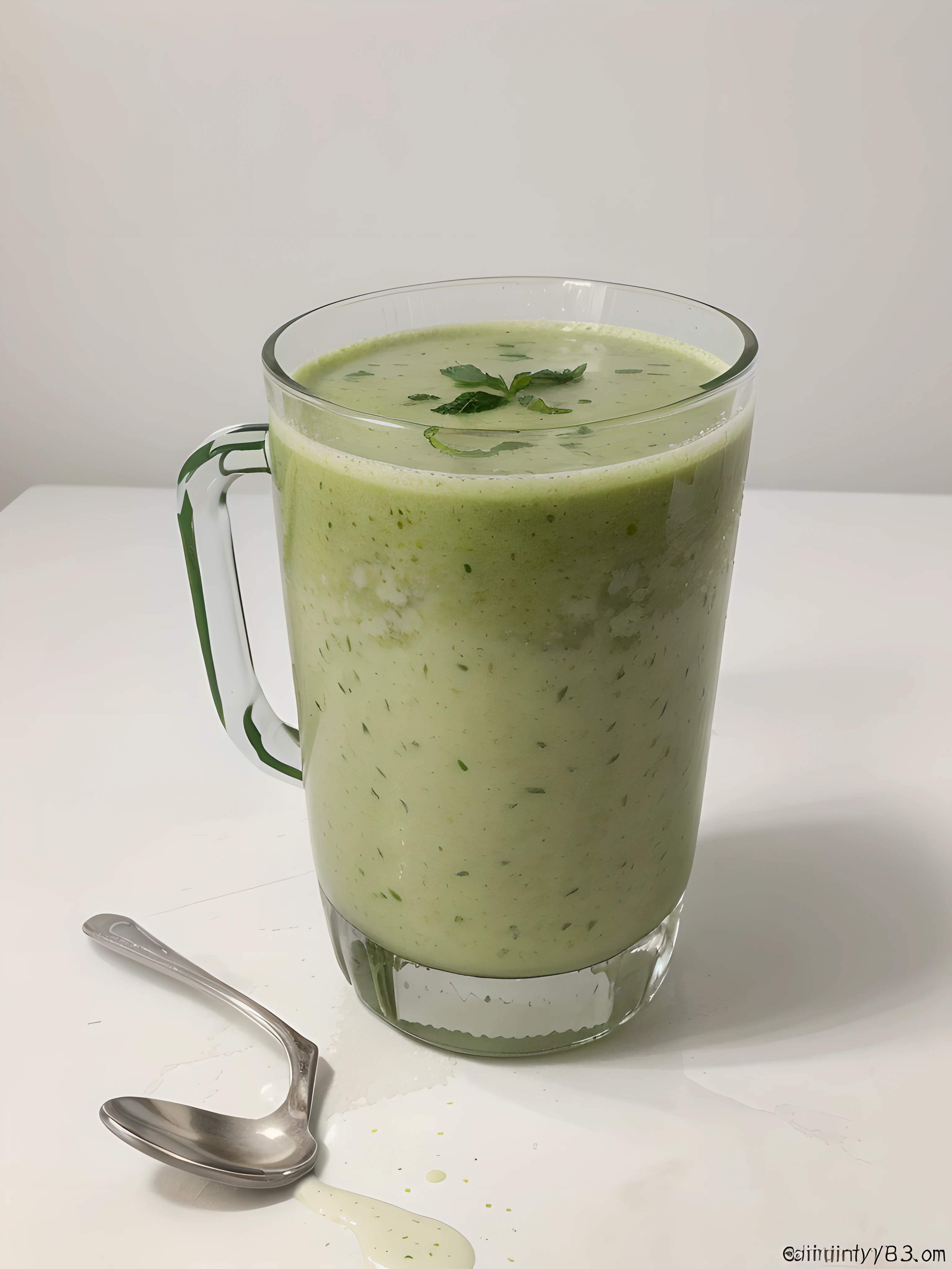 (Best quality at best,8K,tmasterpiece:1.3), (slightly above:1.5), without humans, Clear glass, Lots of zucchini soup in it, blend, de tarhepodroso, intense detail, on the white background, Clear detail, professional,(hyper realisitc:1.3)