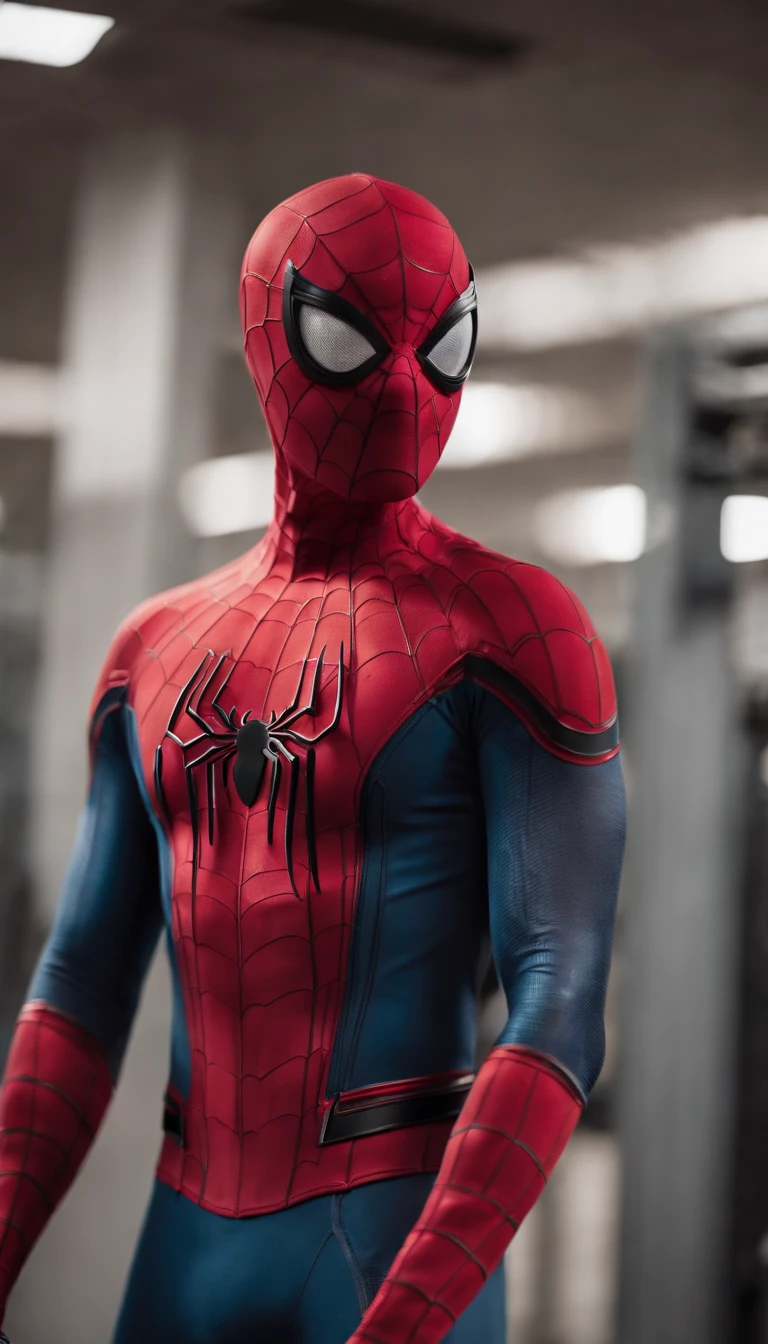 La misma modelo en el gimnasio con traje de Spider-Man