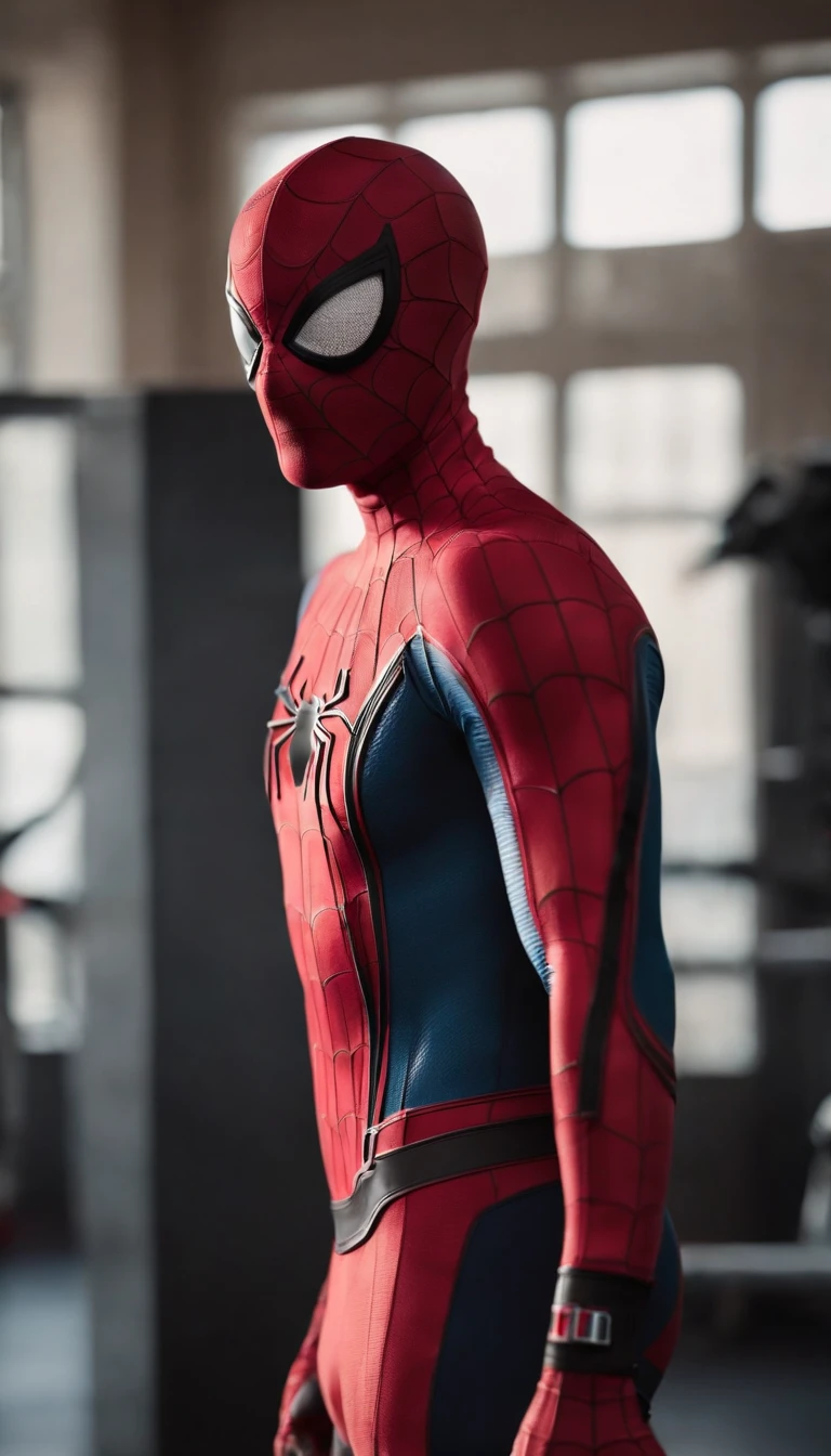 La misma modelo en el gimnasio con traje de Spider-Man