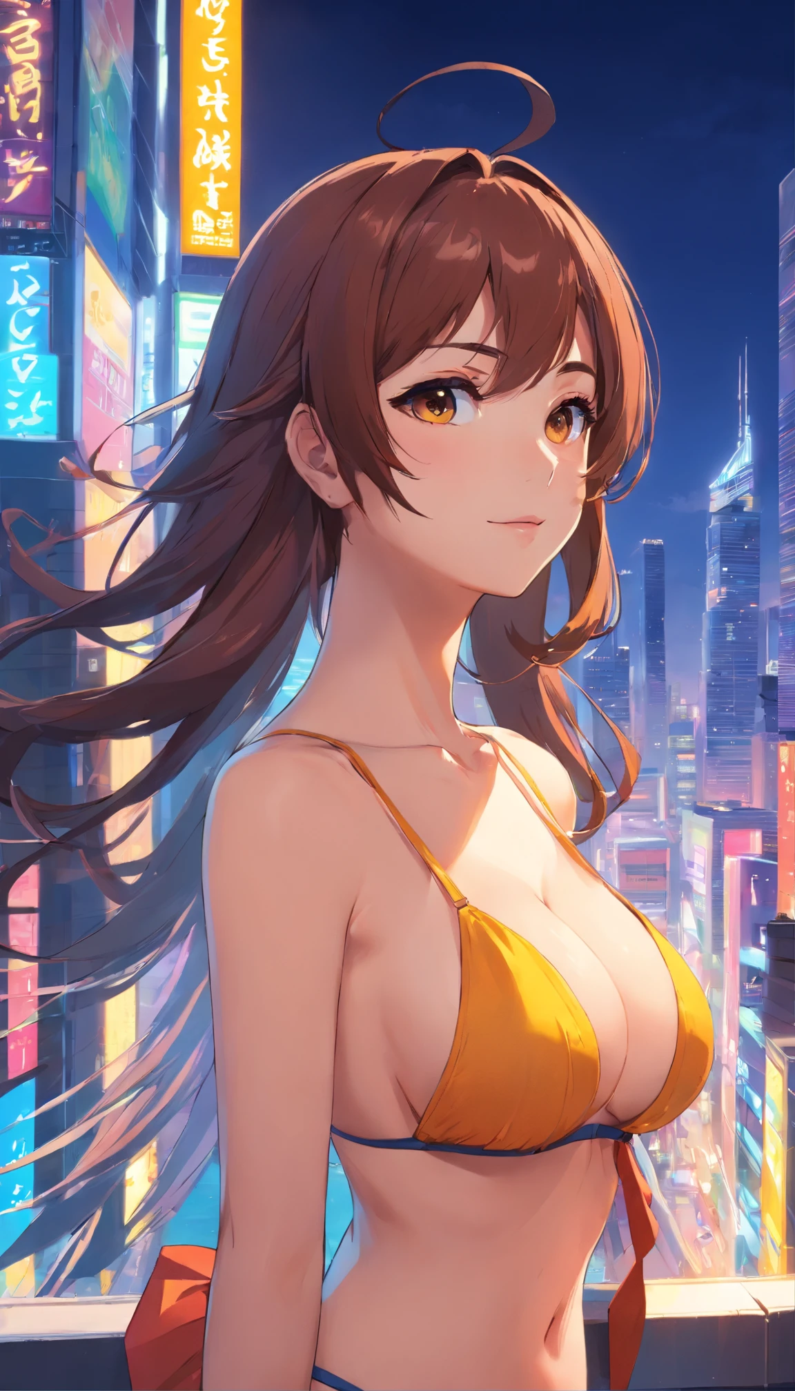 Android games for iOS or Android, Tristan Eton's style, Cyberpunk dystopia, Meticulous portrait, Anthony Gormley, 8k 3d, Alex Maleev, "(Best quality, A high resolution:1.2), ultra - detailed, (actual, realistically:1.37)Nice profile, Girl with dark brown curly hair blowing in the wind, neon city neon tube, Sexy bikini, Large breasts,Director Shinkai Makoto, A slight smil, ,Hats , High freshness, vibrant with colors, Studio lighting, Fan models only"No signage、Hair Fluttering in the Wind、Let the upper body be reflected、Touch your chin、natta、Skyscrapers line up behind.,Beautiful profile