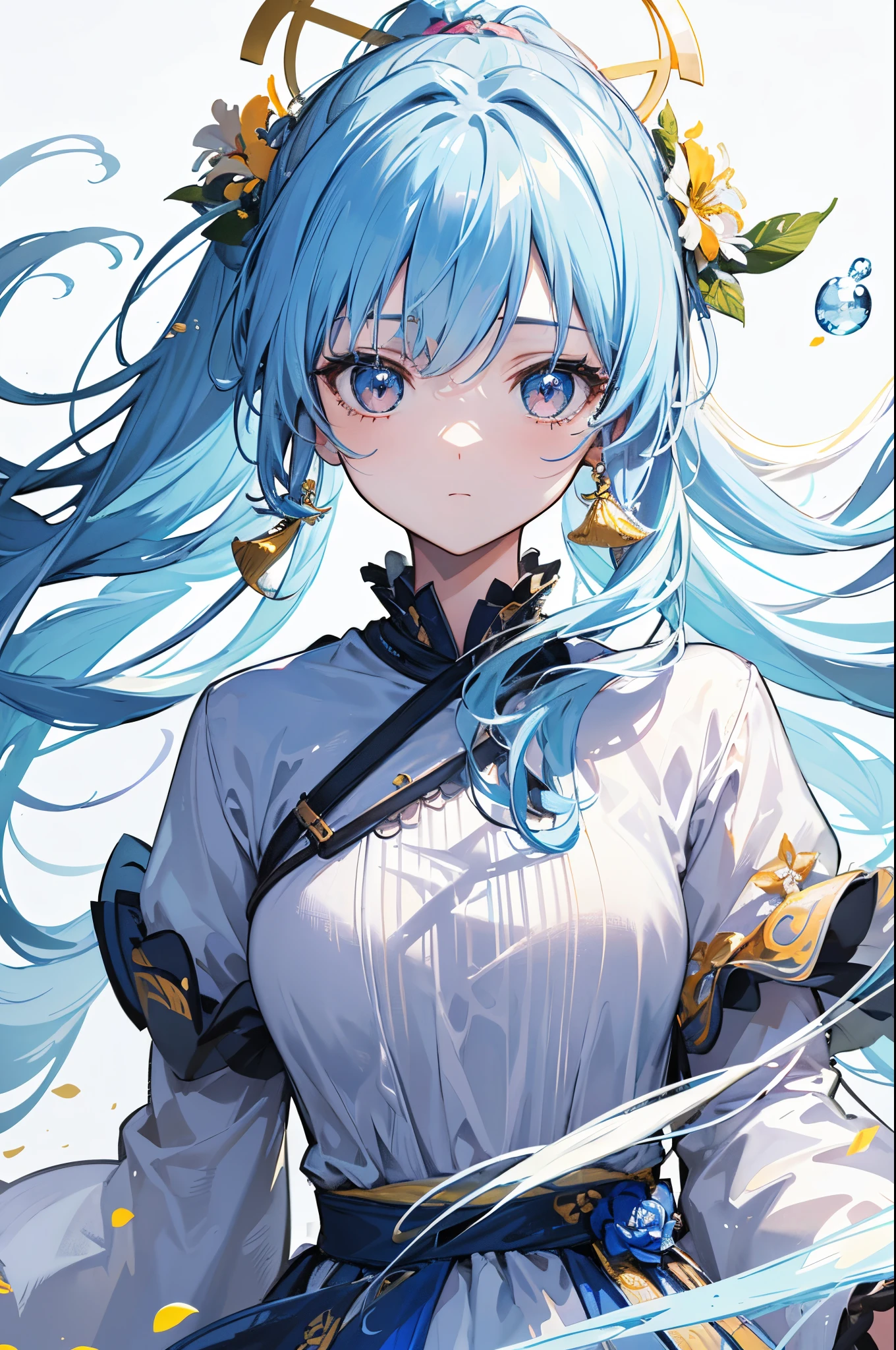 (masterpiece), (best quality), (ultra detailed),(disheveled hair),(illustration), (1girl), (Fashionable clothing), standing, Fashion model, looking at viewer, (interview), (simple background),beautiful detailed eyes, delicate beautiful face, Floating,(high saturation),(colorful splashes),colorful bubble,(shining), focus on face, ponytail, kamisato ayaka, light blue hair, bangs, hair ring, floating flowers, floating hairs, (shining), best lighting, best shadow,