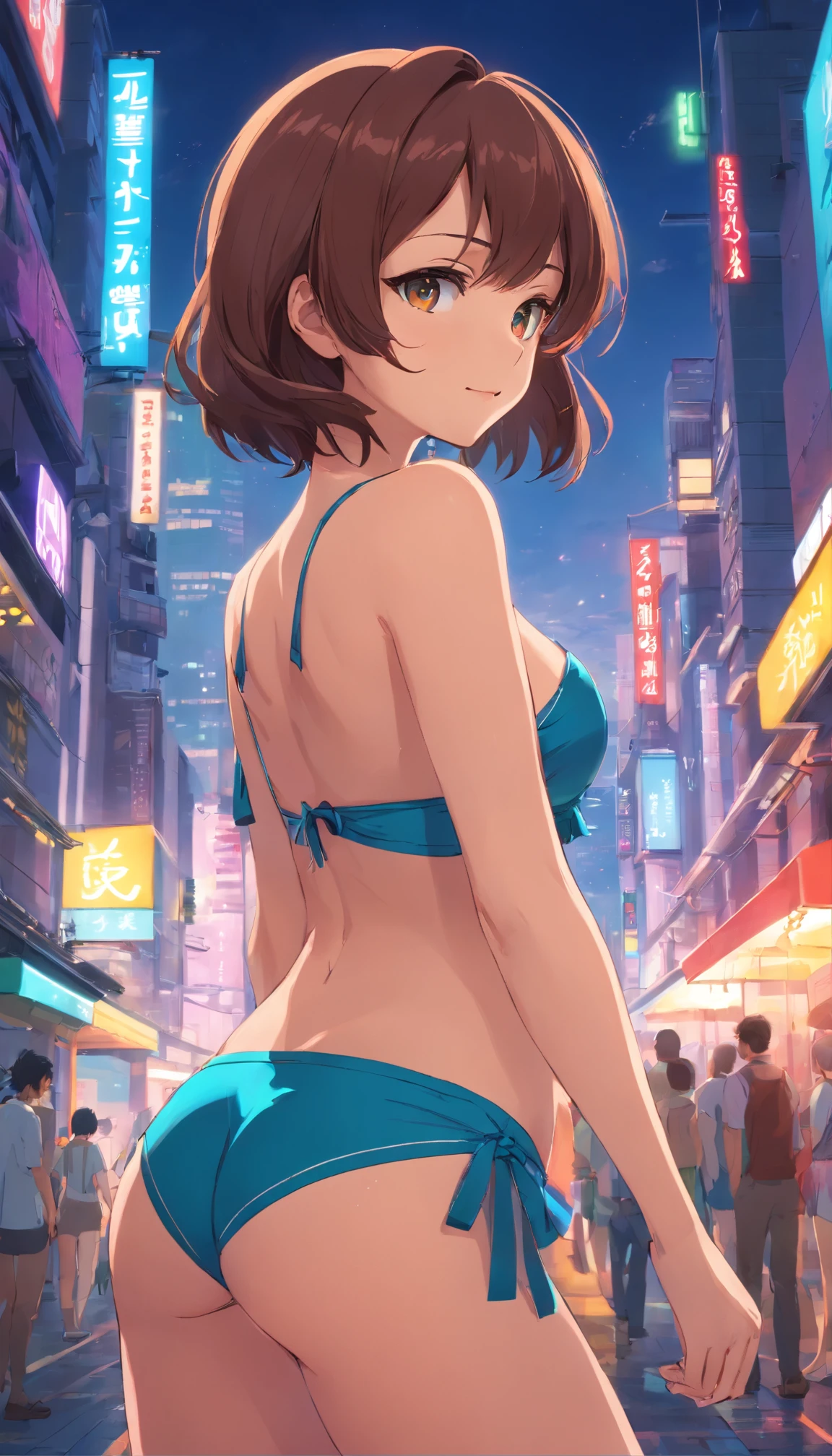 Android games for iOS or Android, Tristan Eton's style, Cyberpunk dystopia, Meticulous portrait, Anthony Gormley, 8k 3d, Alex Maleev, "(Best quality, A high resolution:1.2), ultra - detailed, (actual, realistically:1.37)Nice profile, Girl with dark brown curly hair blowing in the wind, neon city neon tube, Sexy bikini, Large breasts,Director Shinkai Makoto, A slight smil, ,Hats , High freshness, vibrant with colors, Studio lighting, Fan models only"No signage、Hair Fluttering in the Wind、Let the upper body be reflected、Touch your chin、natta、Skyscrapers line up behind.,Beautiful profile