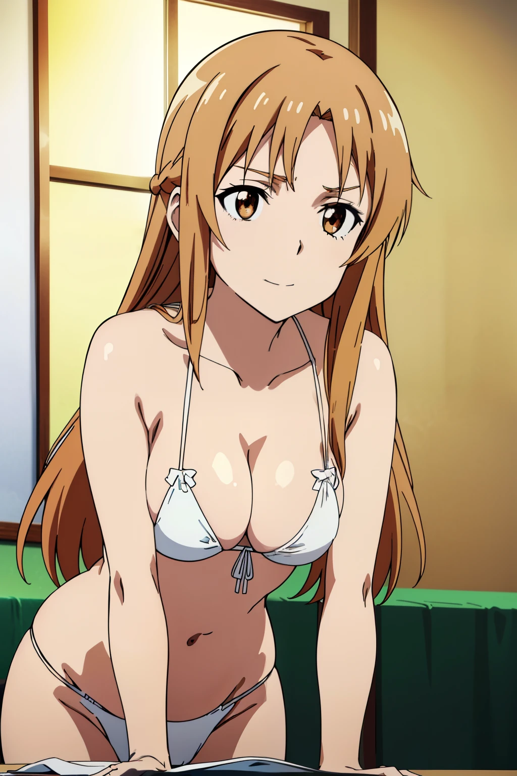 (Best Quality, masutepiece, High resolution, anime screen cap, anime colours, offcial art, poster for), (long, Straight Light Brown Hair:1.5), Yuuki Asuna, A smile, (oversized saggy breasts:2.0, cleavage:1.5), (Thin fabric, White Micro Bikini:1.8), Slimed, (Lower your arms, Leaning forward:1.5, Front composition:1.5), Close-up on the chest, Upper body:1.5, Bedrooms, (Perfect Anatomy, perfect detailed body, Eyes and hair in beautiful detail, Beautiful breasts and skin),