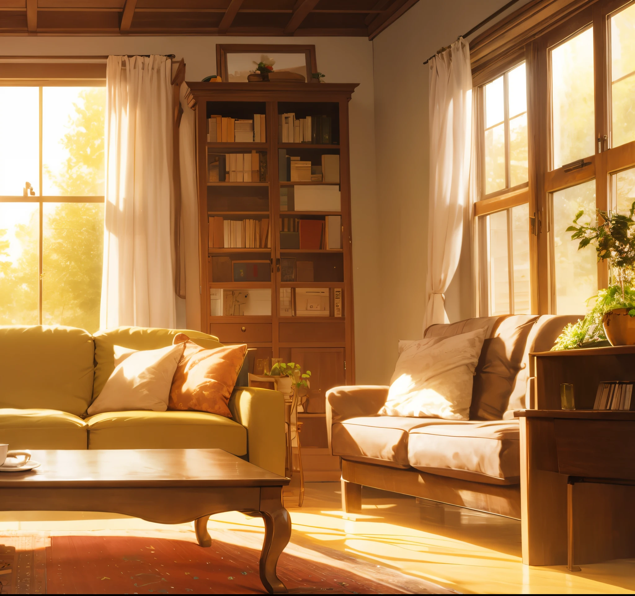 cozy living room，window，sofe，book case，Tea table，greenery，carpets，rays of sunshine
