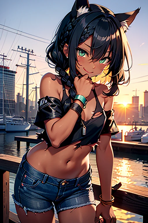 nsfw、masterpiece、best quality、super detailed dark skin、1catgirl、(((adult face)))、jadegreen eyes、dark skin、cat ears、horse tail、hair/(braided side pigtails)、flipped hair、midnight black hair、cleavage、arms free、shoulders free、neck free、wrists/(bracelets:1.3)、upper arms/(leather wristbands:1.3)、top/(small torn top:1.3)、pants/(small tight torn denim hotpants)、background/(sunset city-harbor)、evil smile、mischievous face expression、sticking tongue out