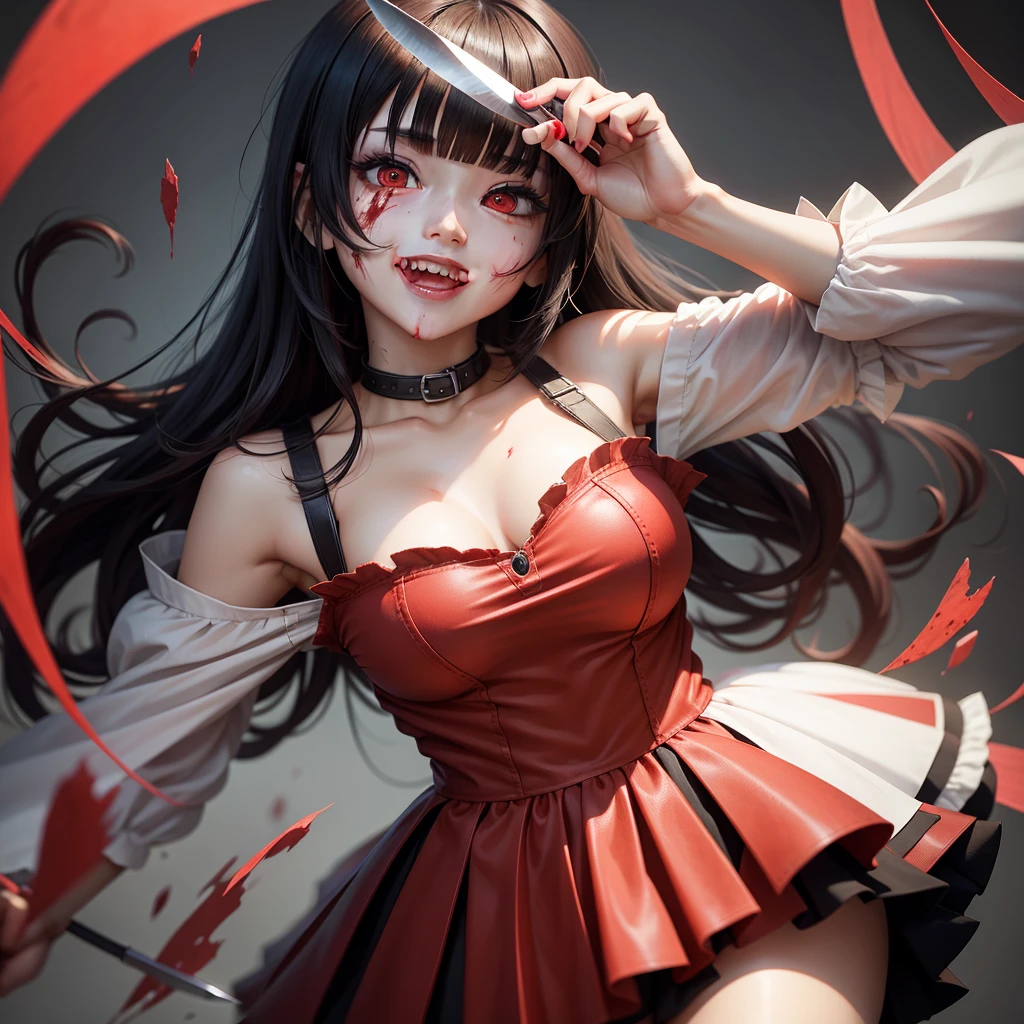 Bloody, Yandere, 、、long eyeslashes、Lower lashes、short bangs、shoulder legnth hair, anime illustrated , crazy smile expression, covered in blood,holding knife