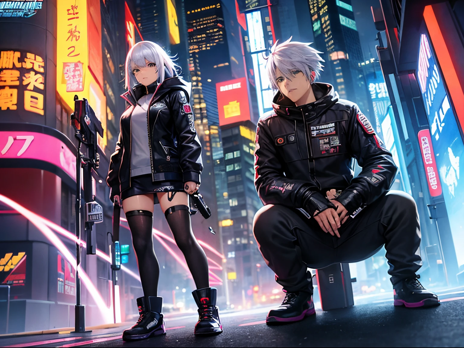 High quality、cyberpunked、girl with2a person、mechanic、comical、Anime style、white hair、motor bikes、leather jackets、punk coloring、sity、nightcity、Street、doodle、parka、Mature、Tall Woman、Military、long boots、missiles、natta、Twosome、teammate、a picture、movie called cyberpunk, modern cyberpunk anime, digital cyberpunk anime!!, cyberpunk anime art, Cyberpunk!!!, ( ( Cyberpunk ) ), Cyberfunk, Cyberpunk!, cyberpunked, ( Cyberpunk ), anime cyberpunk, cyberpunked, Cyberpunk Art, (cyberpunk 2077), cyberpunked, cyberpunked, cyberpunk base, Cyberpunk, ( cyberpunk 2 0 7 7