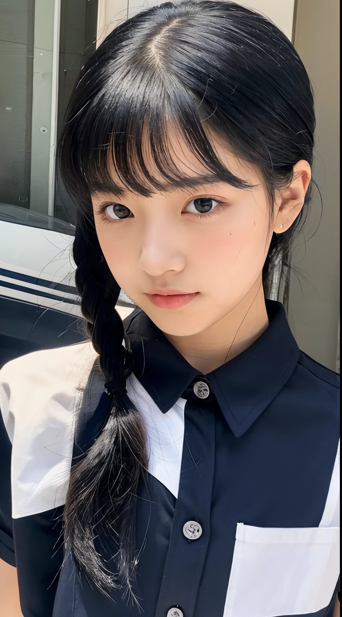 High quality, Masterpiece, Ultra-High-Resolution, (Photorealistic:1.4), Skinny Japanese lady, 20 years old, cute face, detailed face, detailed eyes, white shirt, black leggings, sitting on a table,