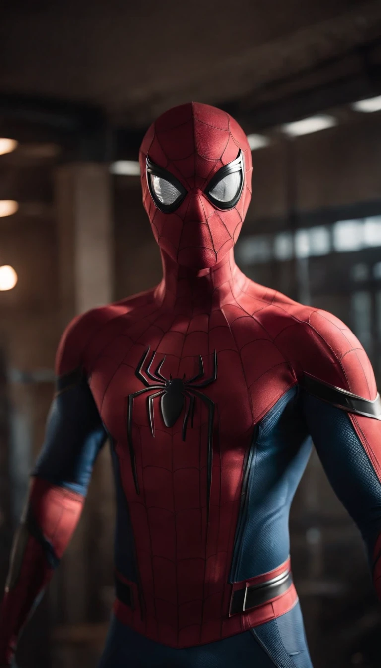 The same model in the gym with a Spider-Man suit without the mask on