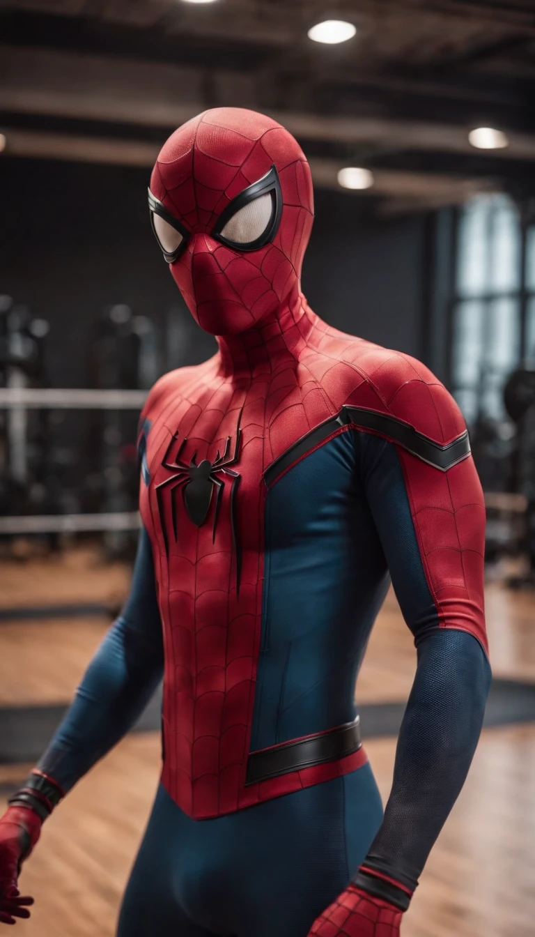 The same model in the gym with a Spider-Man suit without the mask on