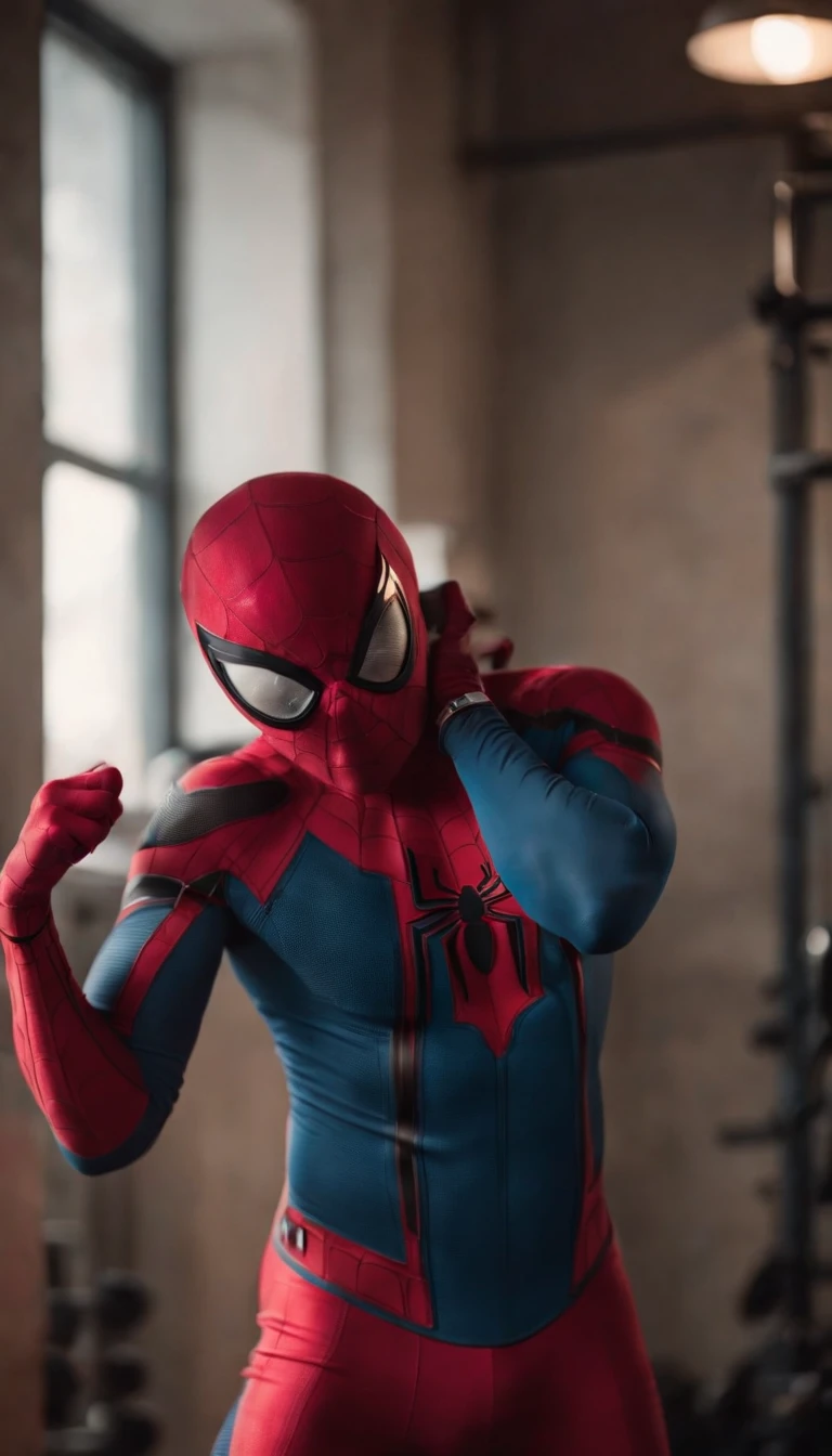 The same model in the gym with a Spider-Man suit without the mask on
