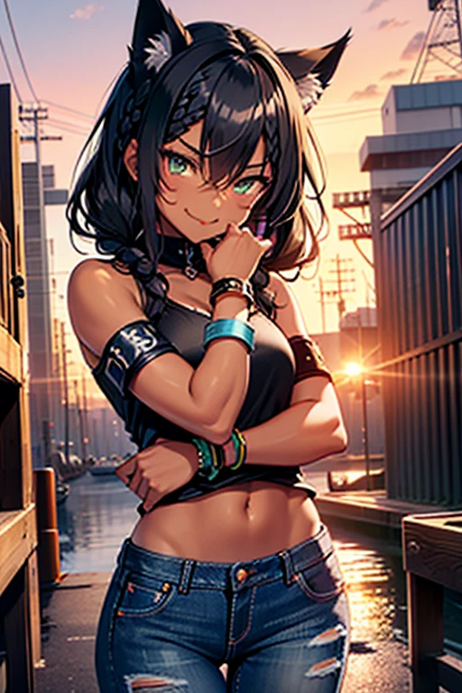 nsfw、masterpiece、best quality、super detailed dark skin、1catgirl、(((adult woman face)))、jadegreen eyes、dark skin、cat ears、horse tail、hair/(braided side pigtails)、flipped hair、midnight black hair、cleavage、arms free、shoulders free、neck free、wrists/(bracelets:1.3)、upper arms/(leather wristbands:1.3)、top/(small torn top:1.3)、pants/(small tight torn denim hotpants)、background/(sunset city-harbor)、evil smile、mischievous face expression、sticking tongue out