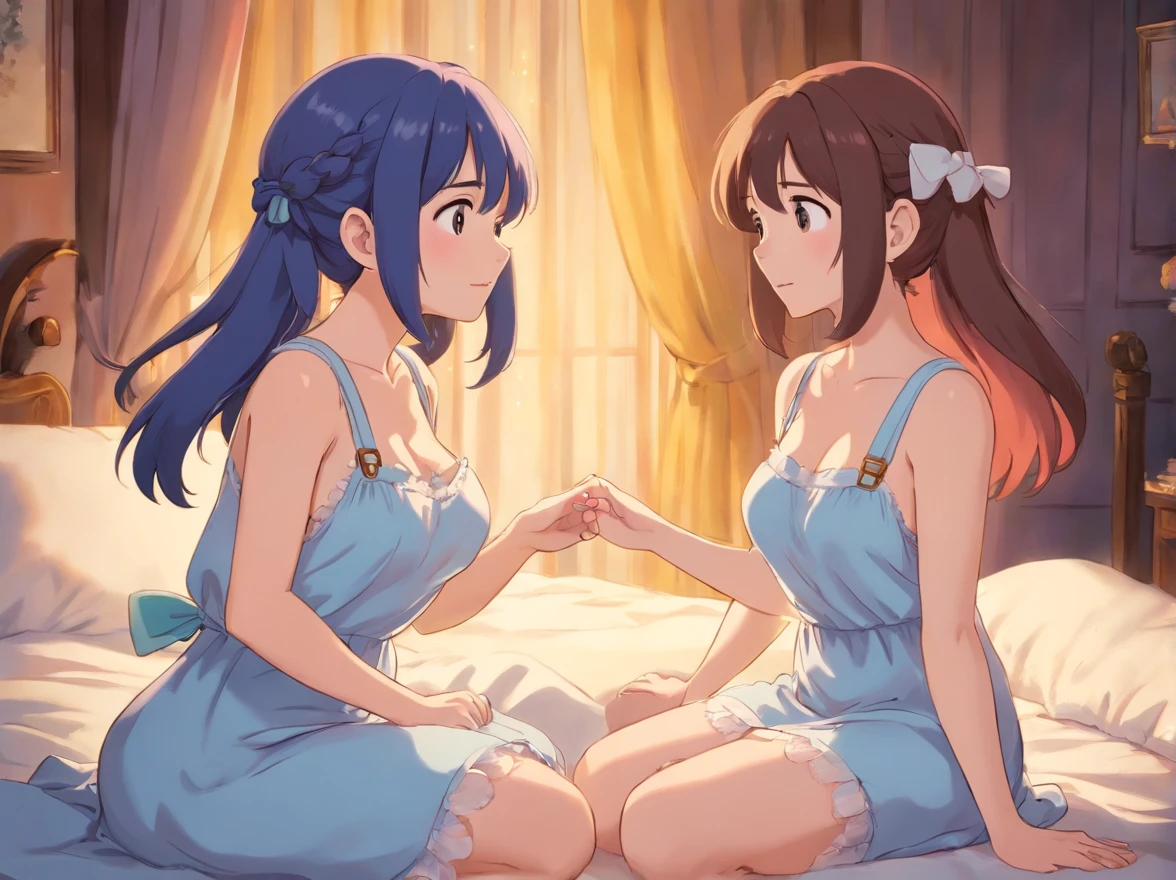 Two girls wearing sexy suspender nightdresses,Large breasts,The two looked at each other to see who had bigger breasts..