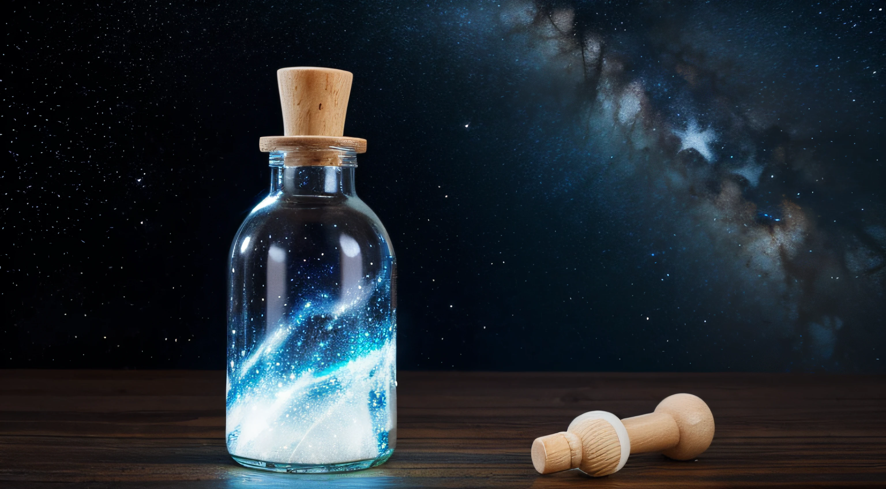 Transparent colorless glass bottle with wooden stopper,place on wool tabletop,There are water drops around the bottle,The inside of the bottle is in the shape of a starry sky and a nebula,hight contrast