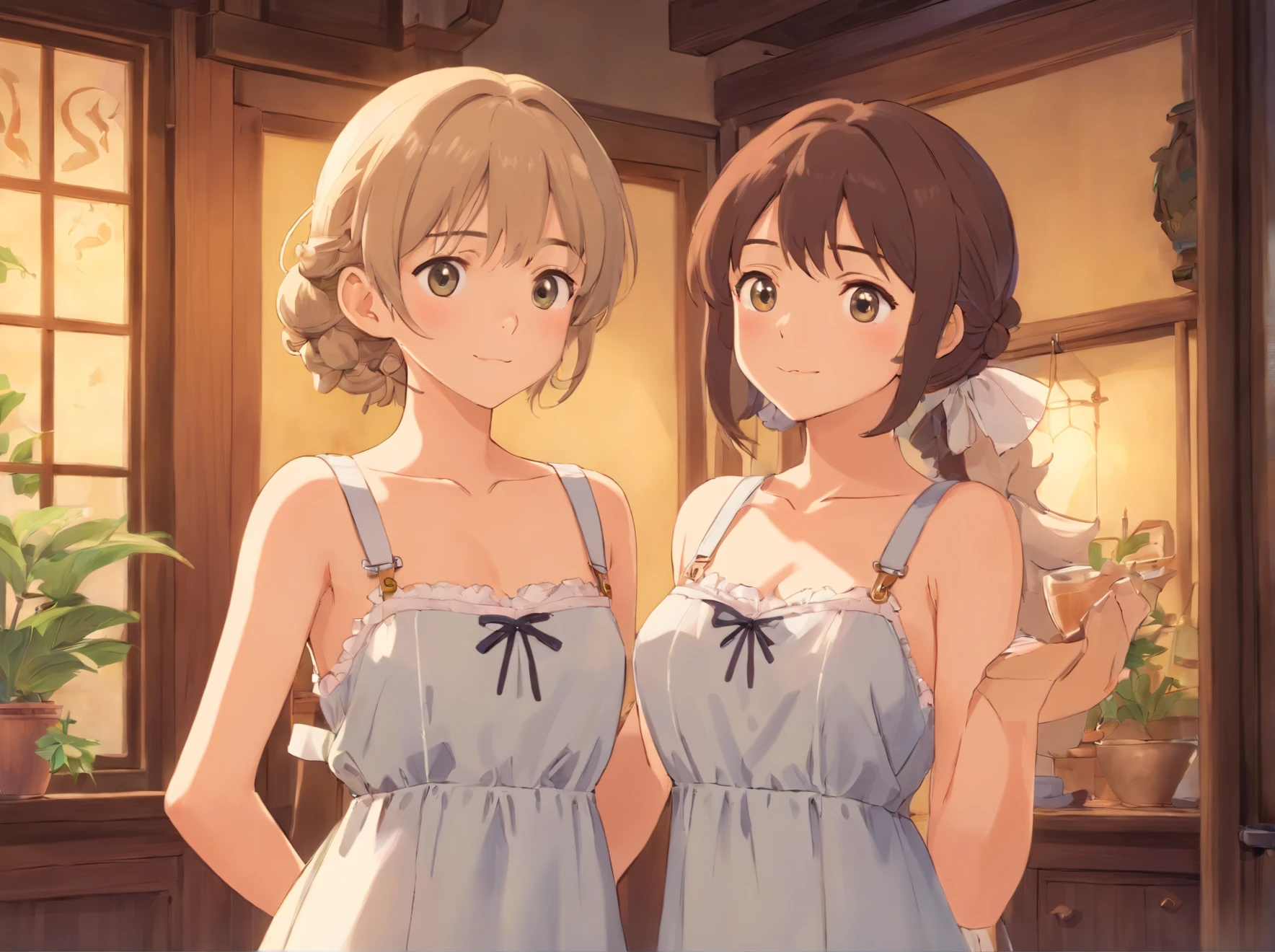 Two girls wearing sexy suspender nightdresses，Compare each other face to face to see who has bigger breasts.